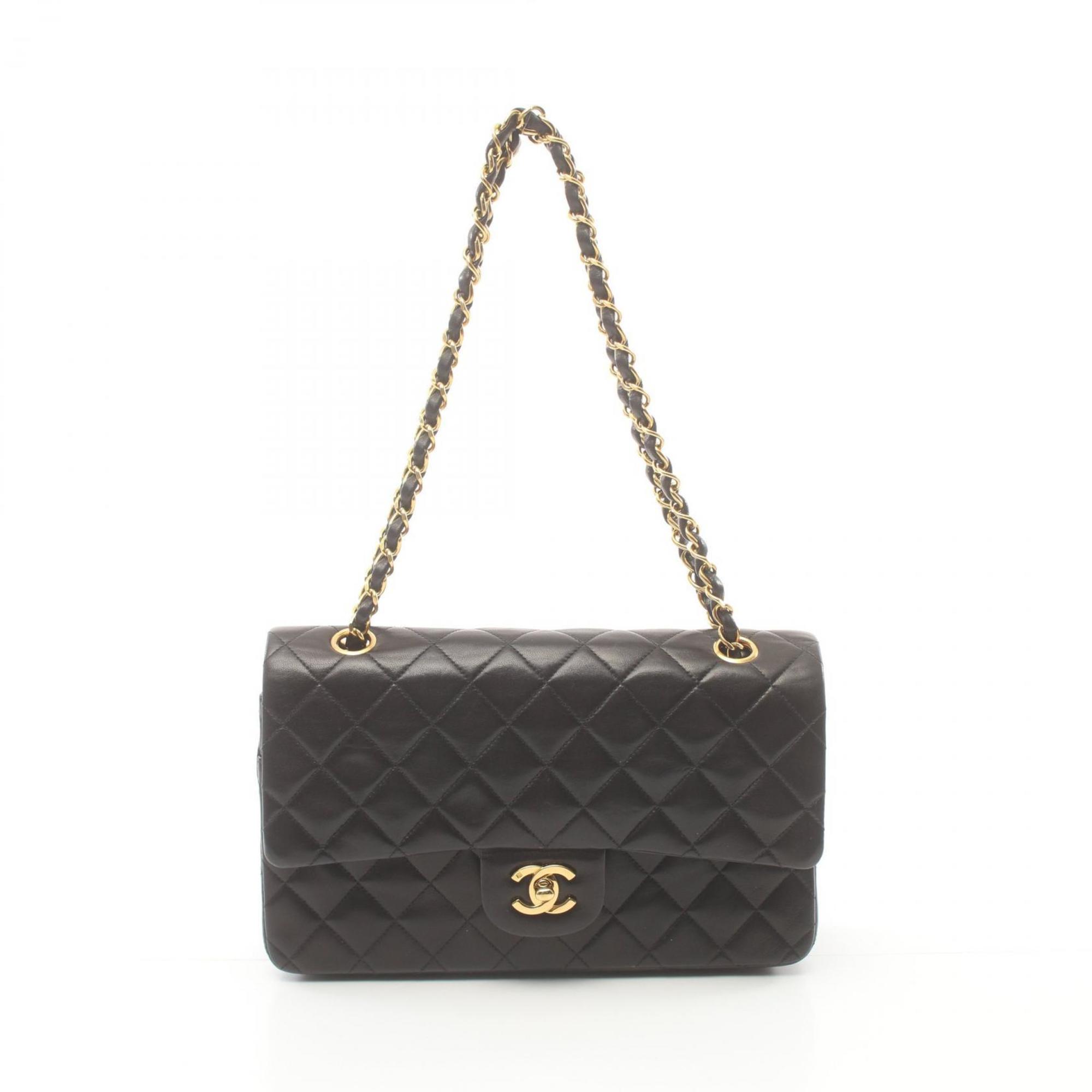 CHANEL Matelasse Double Flap Shoulder Bag, Lambskin, Women's, Black, A01112