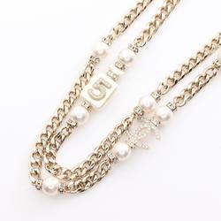 CHANEL Coco Mark Long Necklace GP (Gold Plated) Fake Pearl Rhinestone Women's Gold White Clear A22S