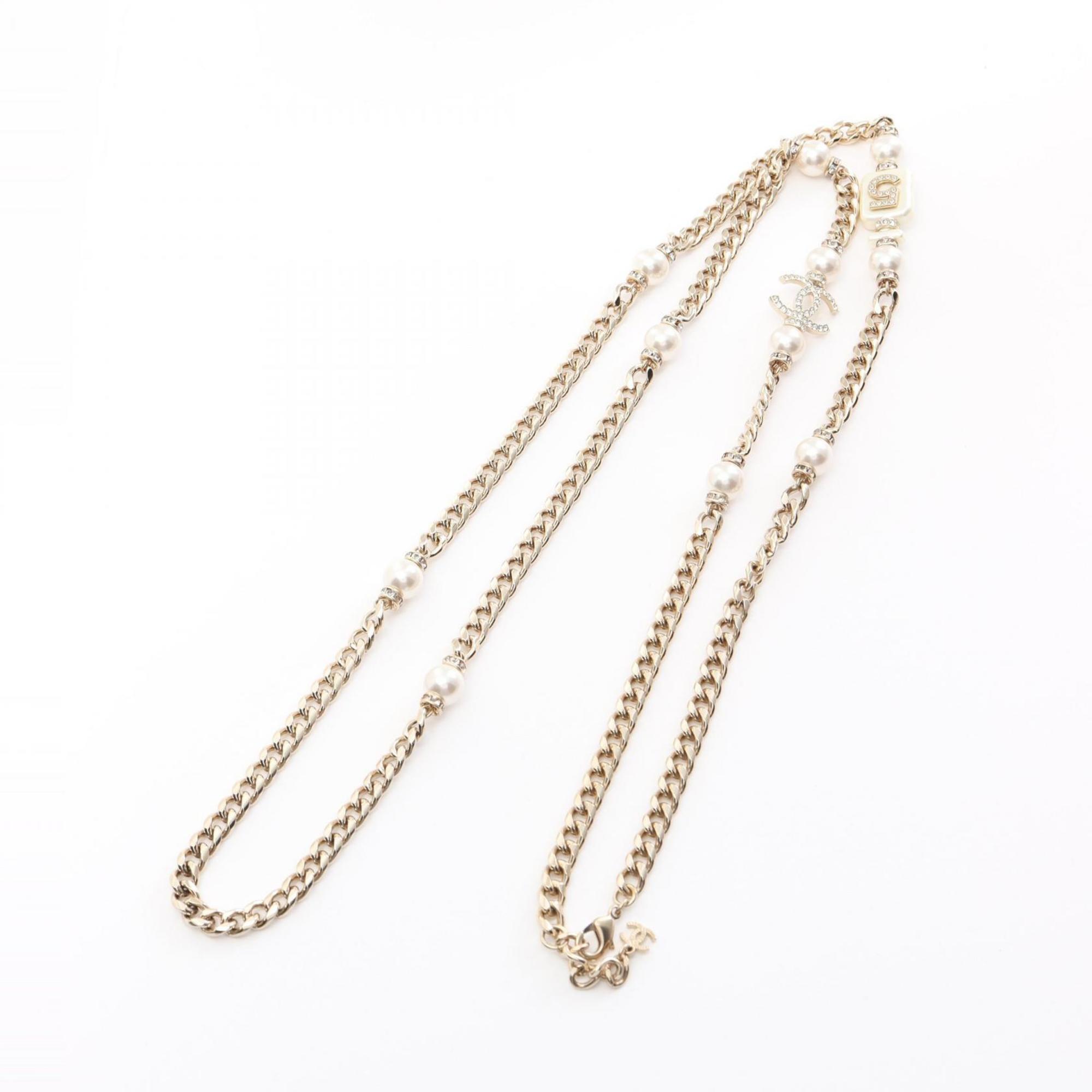 CHANEL Coco Mark Long Necklace GP (Gold Plated) Fake Pearl Rhinestone Women's Gold White Clear A22S