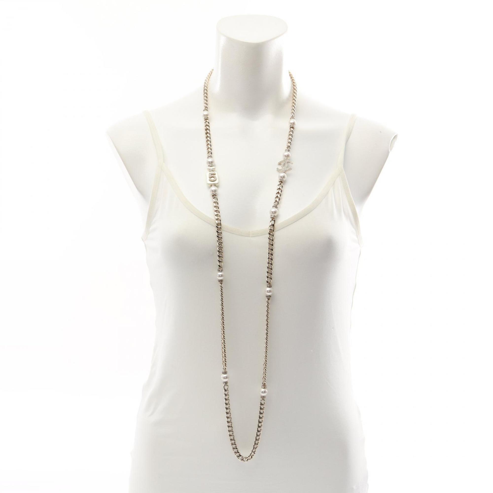 CHANEL Coco Mark Long Necklace GP (Gold Plated) Fake Pearl Rhinestone Women's Gold White Clear A22S