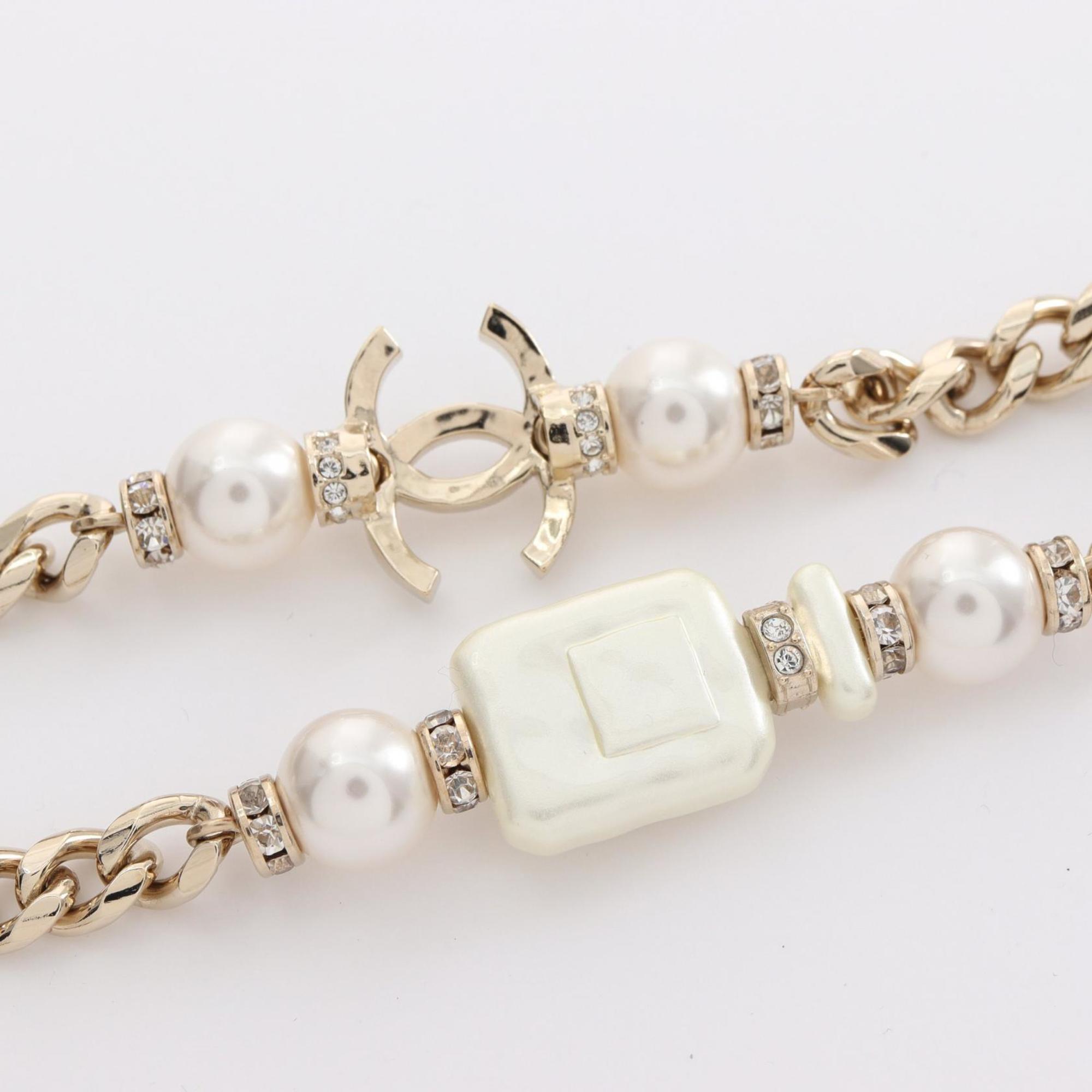 CHANEL Coco Mark Long Necklace GP (Gold Plated) Fake Pearl Rhinestone Women's Gold White Clear A22S