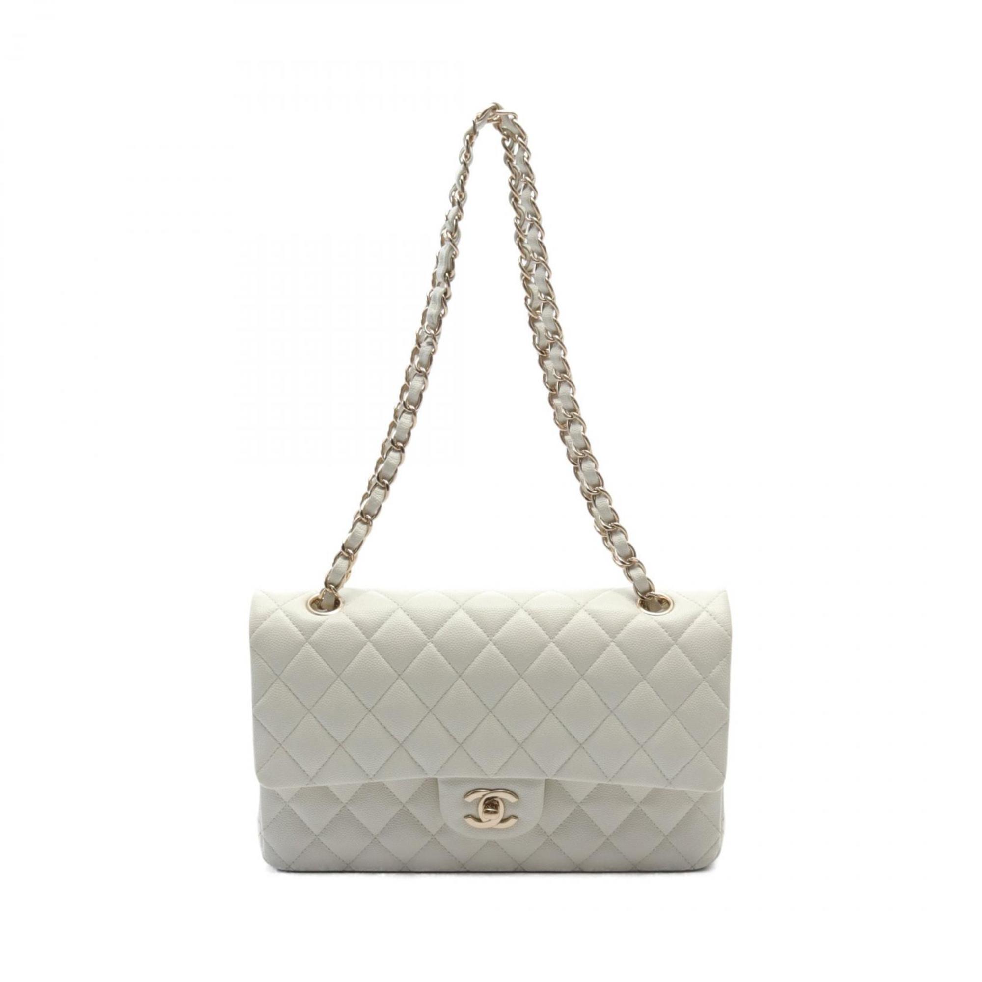 CHANEL Matelasse Double Flap Shoulder Bag, Caviar Skin, Women's, White