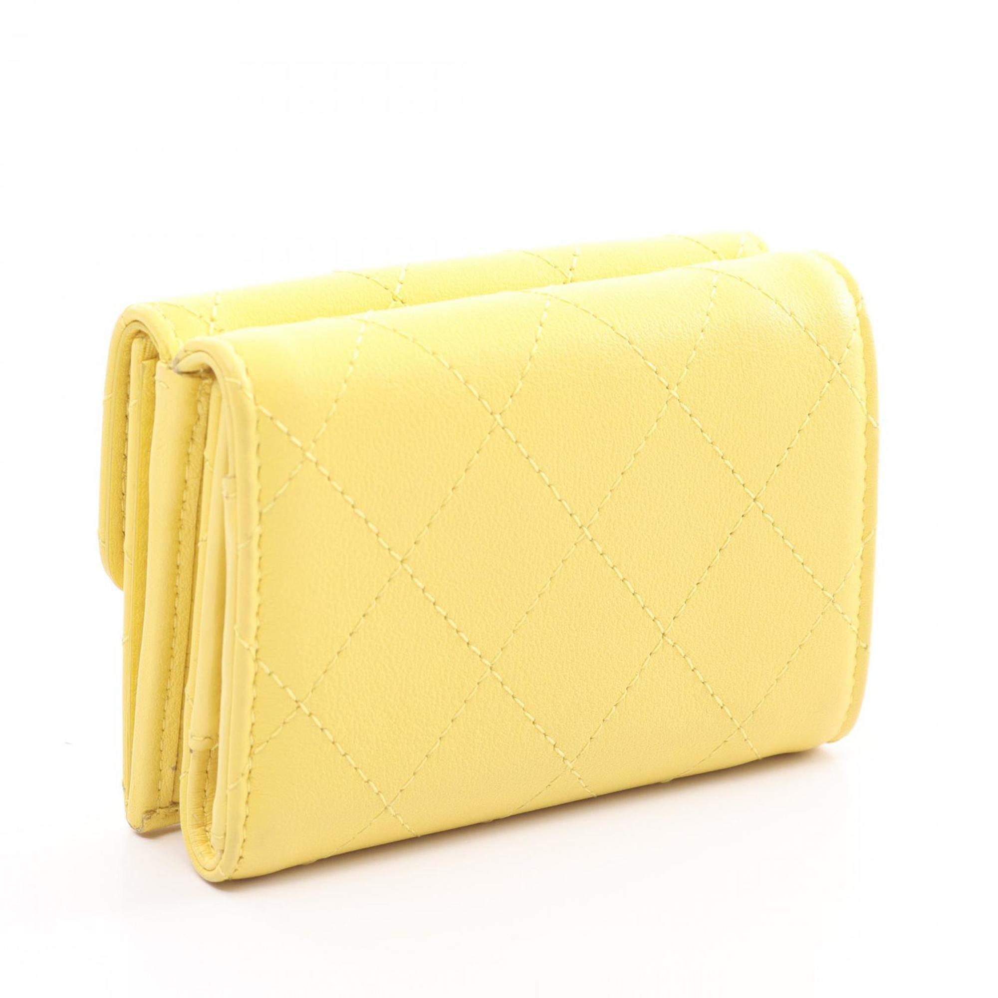 CHANEL Matelasse Tri-fold Wallet Leather Women's Yellow