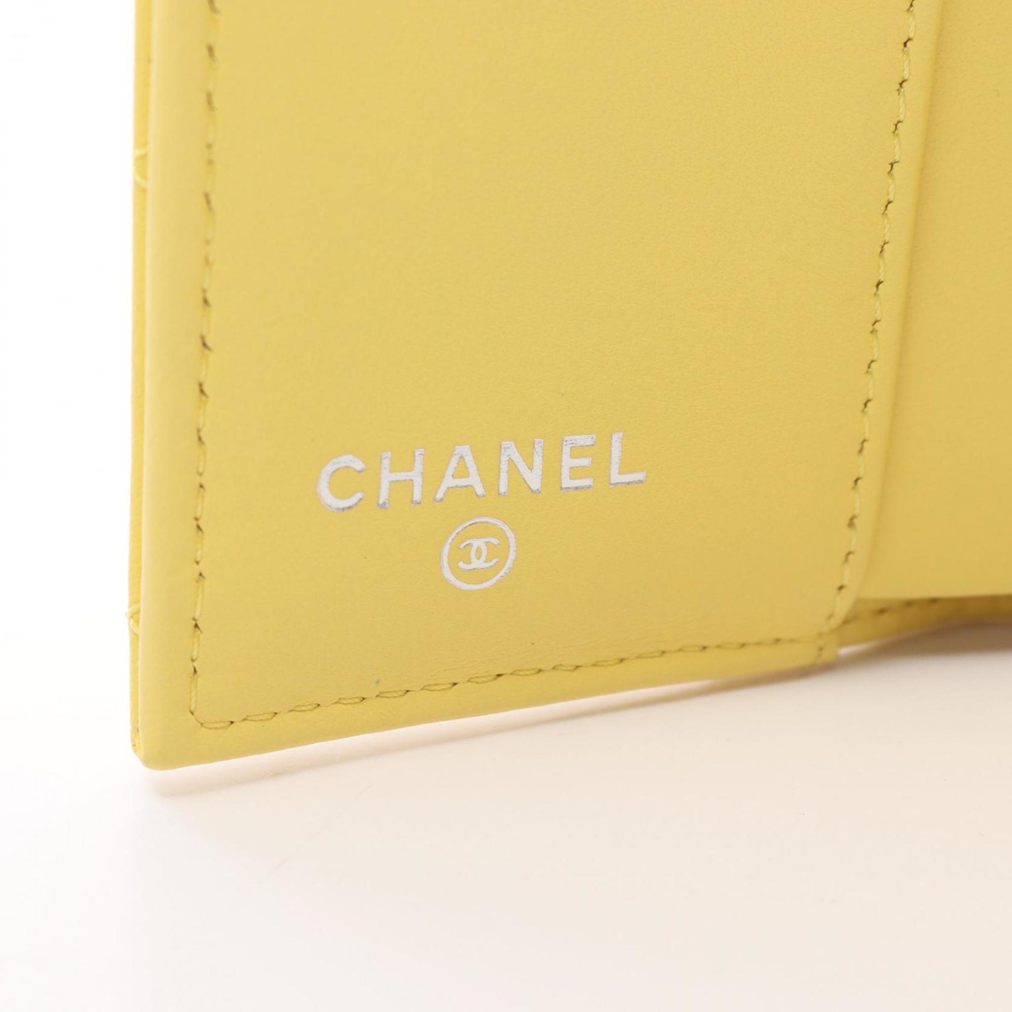 CHANEL Matelasse Tri-fold Wallet Leather Women's Yellow