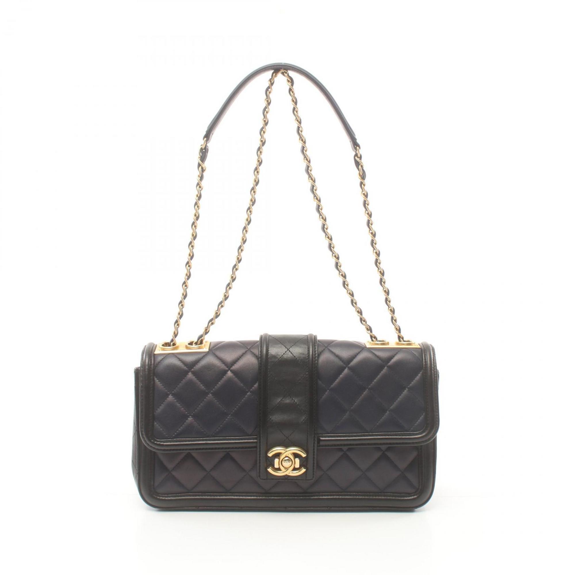 CHANEL Matelasse Shoulder Bag, Lambskin, Women's, Navy, Black