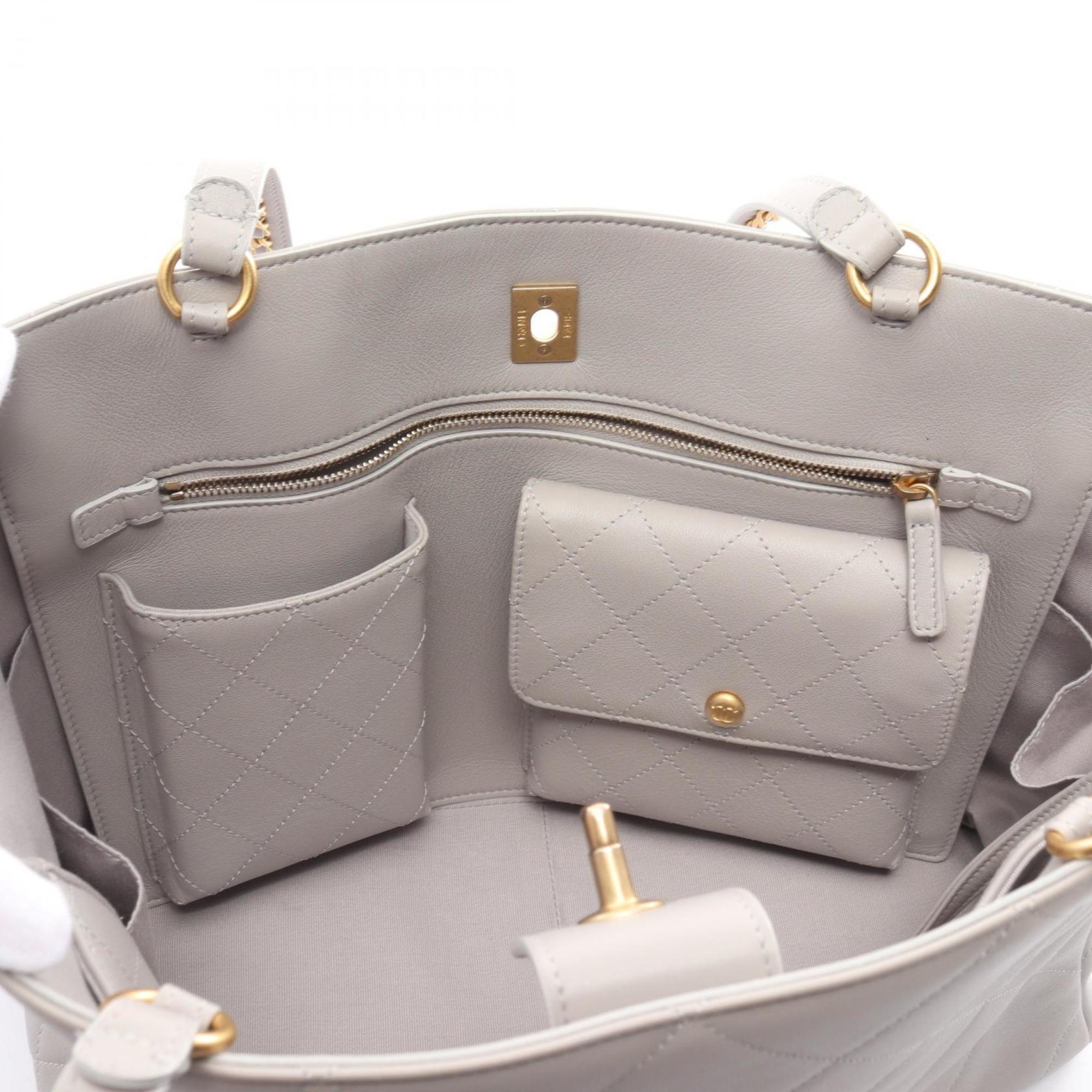 CHANEL Matelasse Tote Bag Leather Women's Grey AS3508