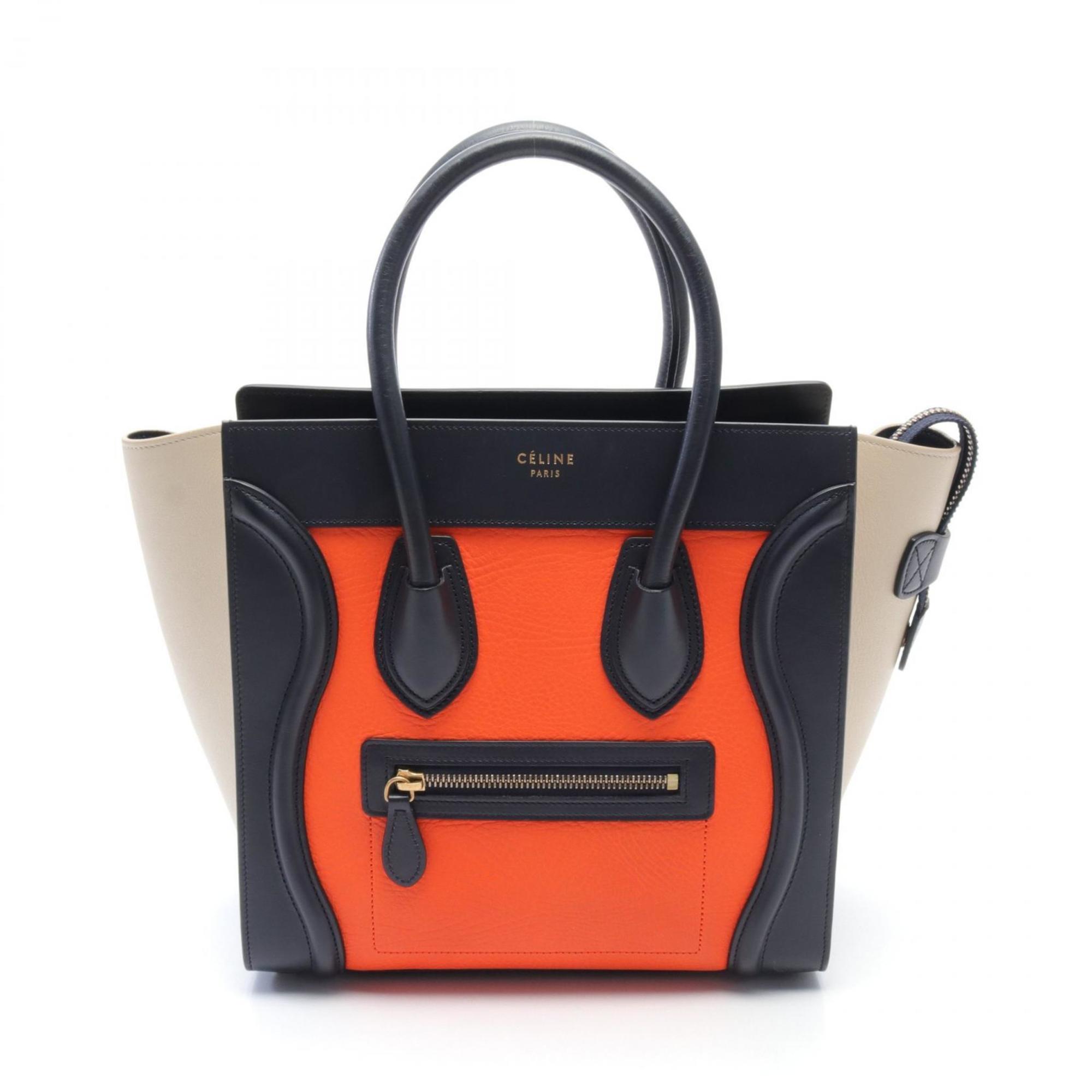 CELINE Luggage Micro Shopper Tote Bag Leather Women's Orange Navy Ivory 167793