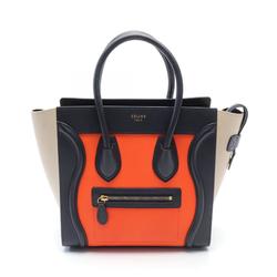 CELINE Luggage Micro Shopper Tote Bag Leather Women's Orange Navy Ivory 167793