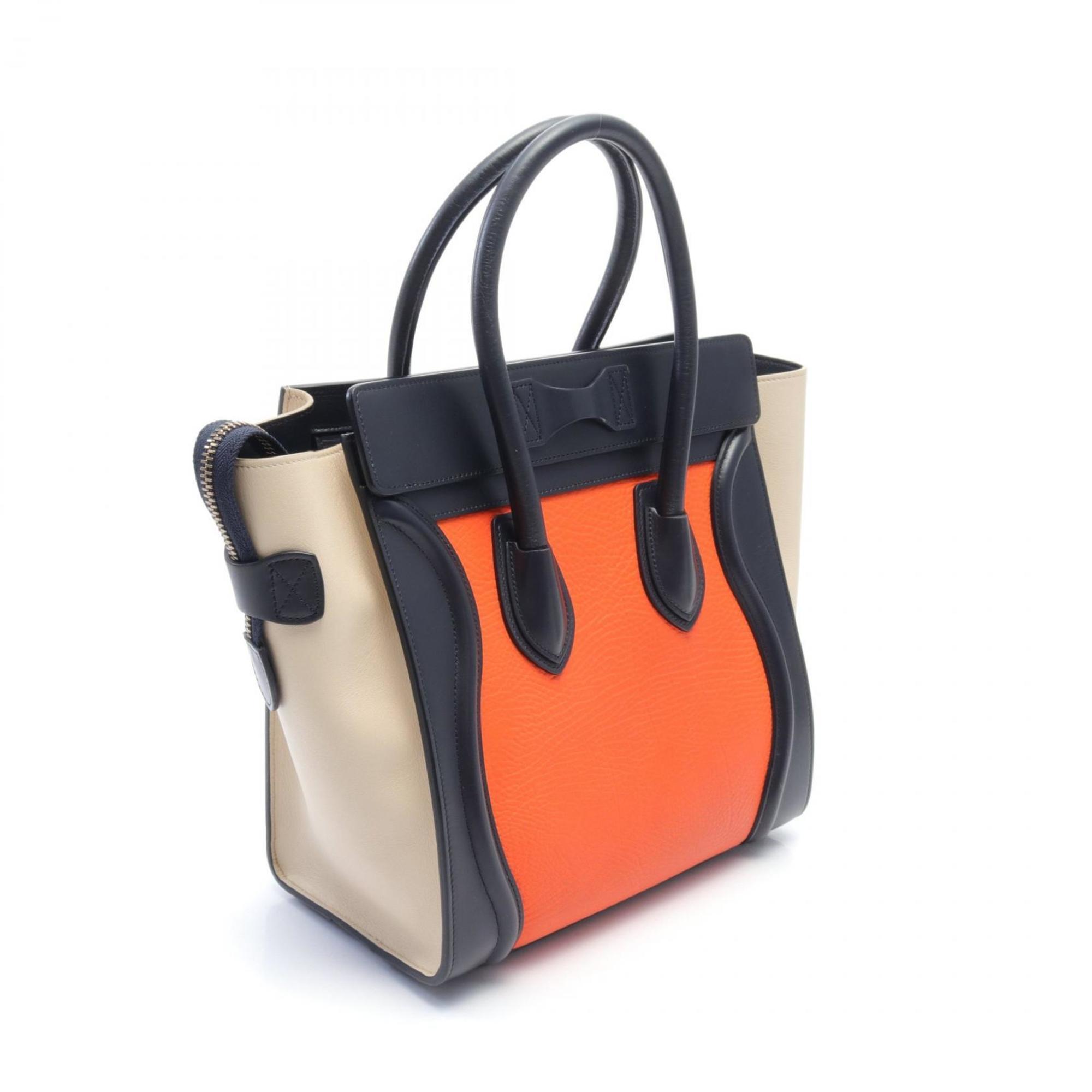 CELINE Luggage Micro Shopper Tote Bag Leather Women's Orange Navy Ivory 167793