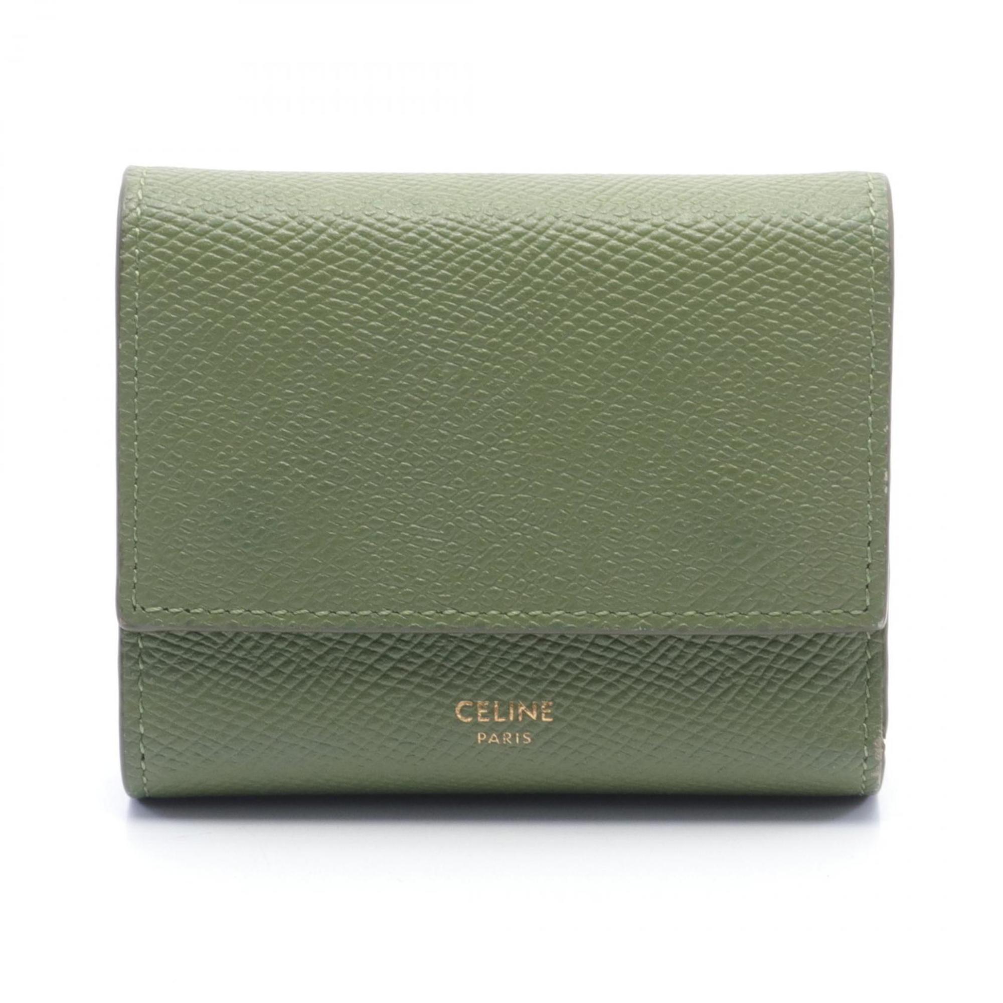 CELINE Small Trifold Wallet Leather Women's Khaki 10B573BEL