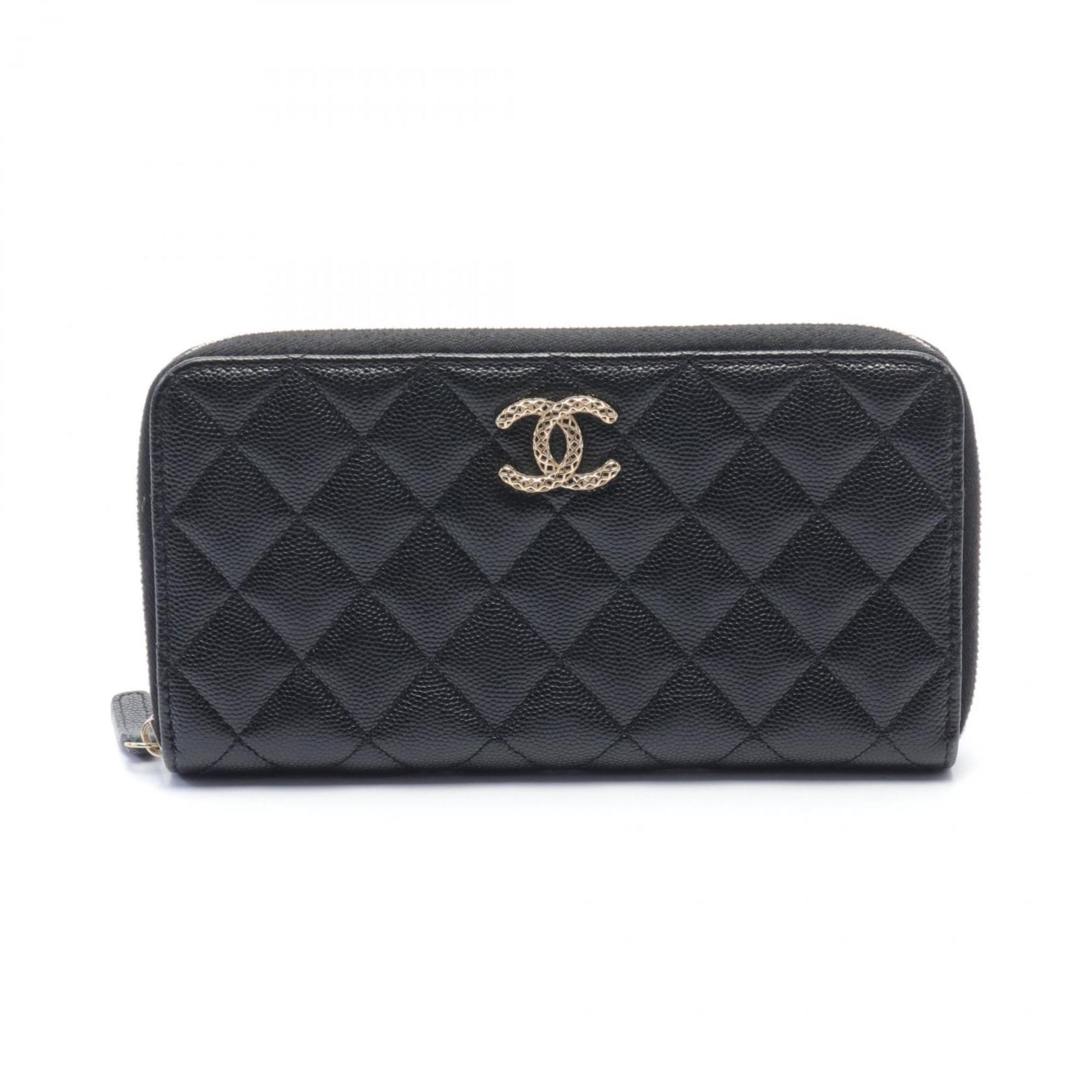 CHANEL Matelasse Round Long Wallet Caviar Skin Women's Black AP3181