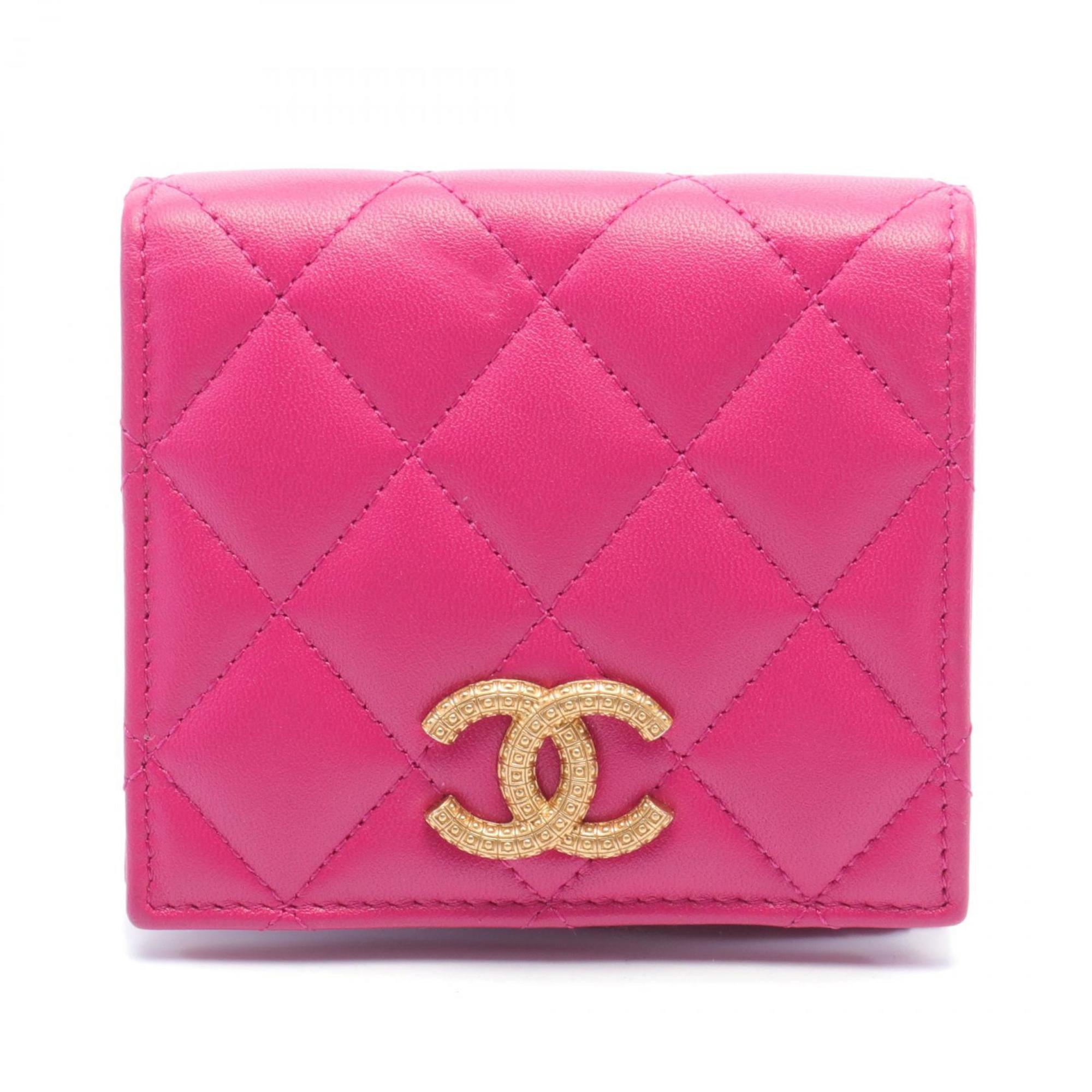 CHANEL Matelasse Coco Mark Bi-fold Wallet Leather Women's Pink AP3055