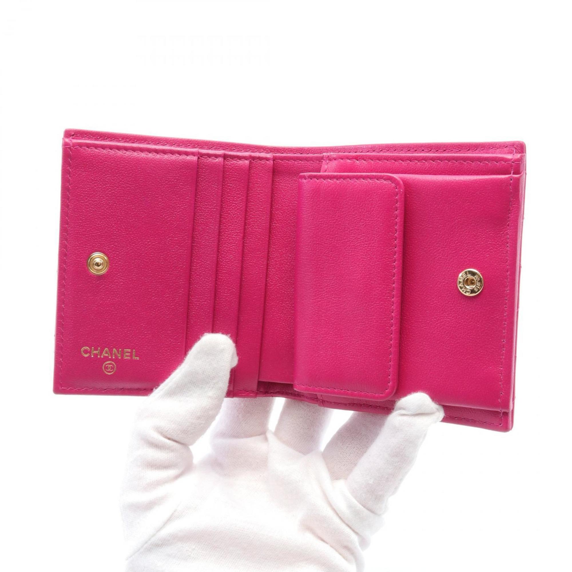 CHANEL Matelasse Coco Mark Bi-fold Wallet Leather Women's Pink AP3055