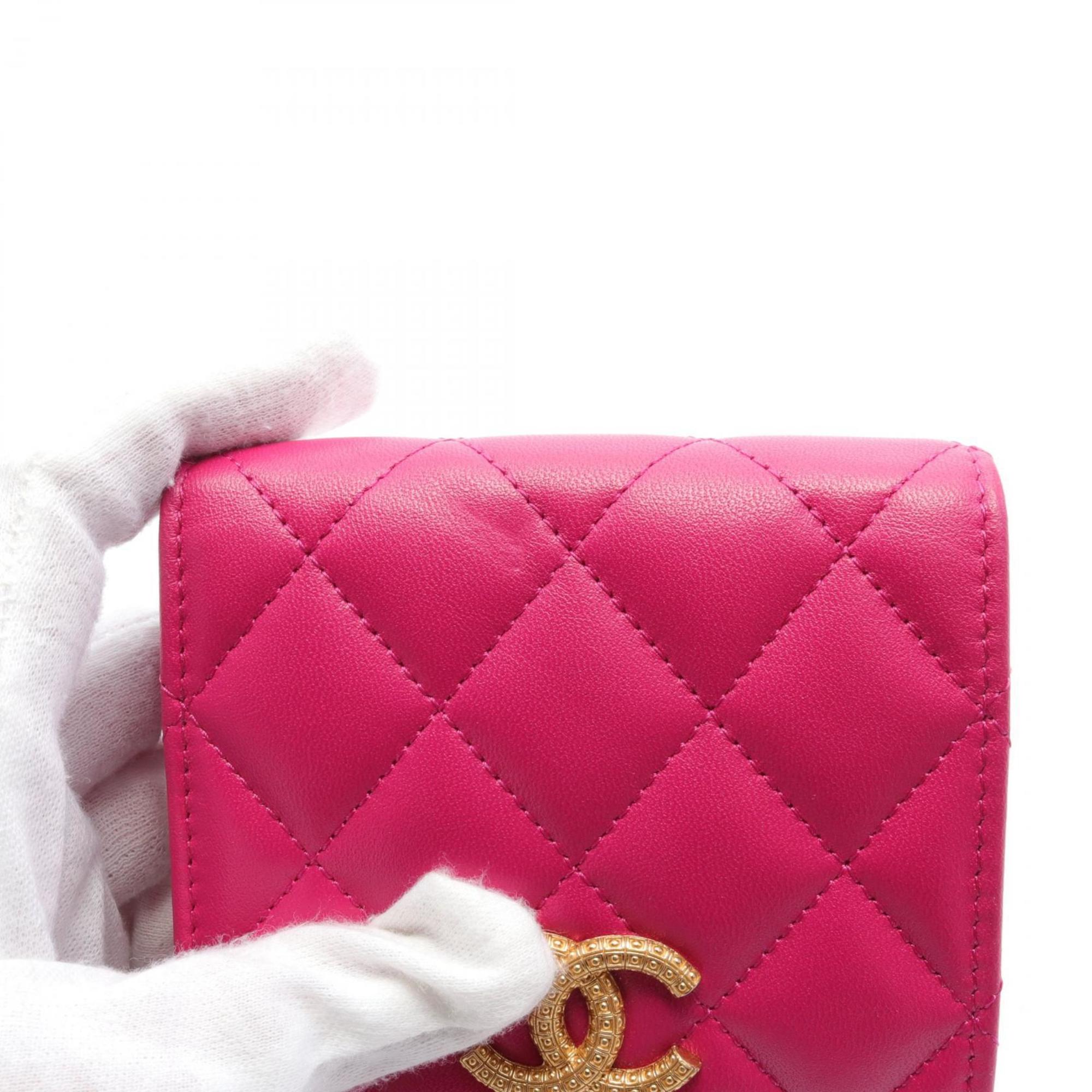 CHANEL Matelasse Coco Mark Bi-fold Wallet Leather Women's Pink AP3055