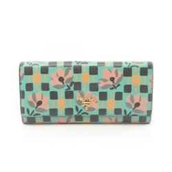 PRADA MADRAS ST PENSE Bi-fold Long Wallet Leather Women's Green Multicolor 1MH132