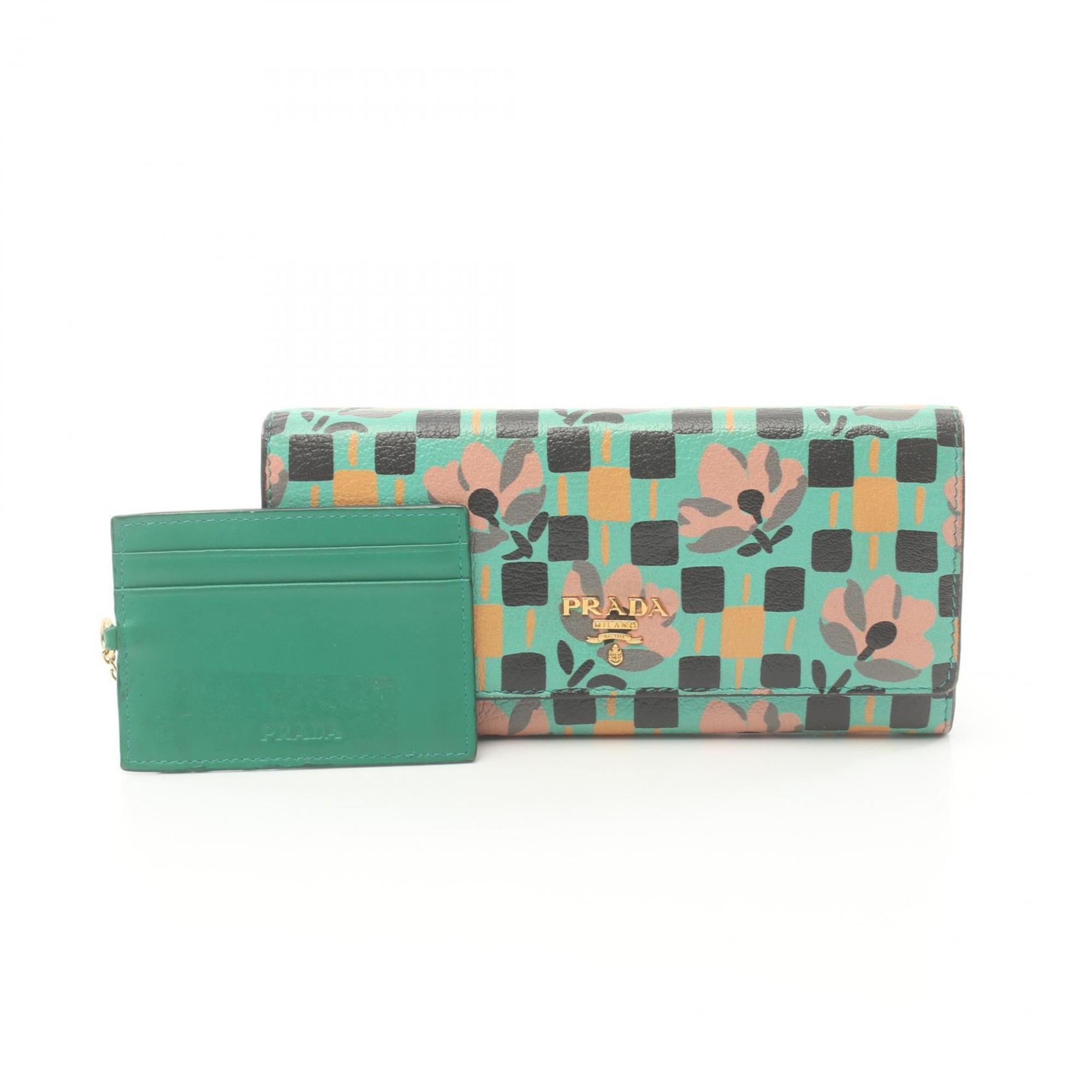 PRADA MADRAS ST PENSE Bi-fold Long Wallet Leather Women's Green Multicolor 1MH132