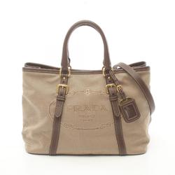 PRADA LOGO JACQUARD Jacquard Tote Bag Canvas Leather Women's Beige Brown BN2527