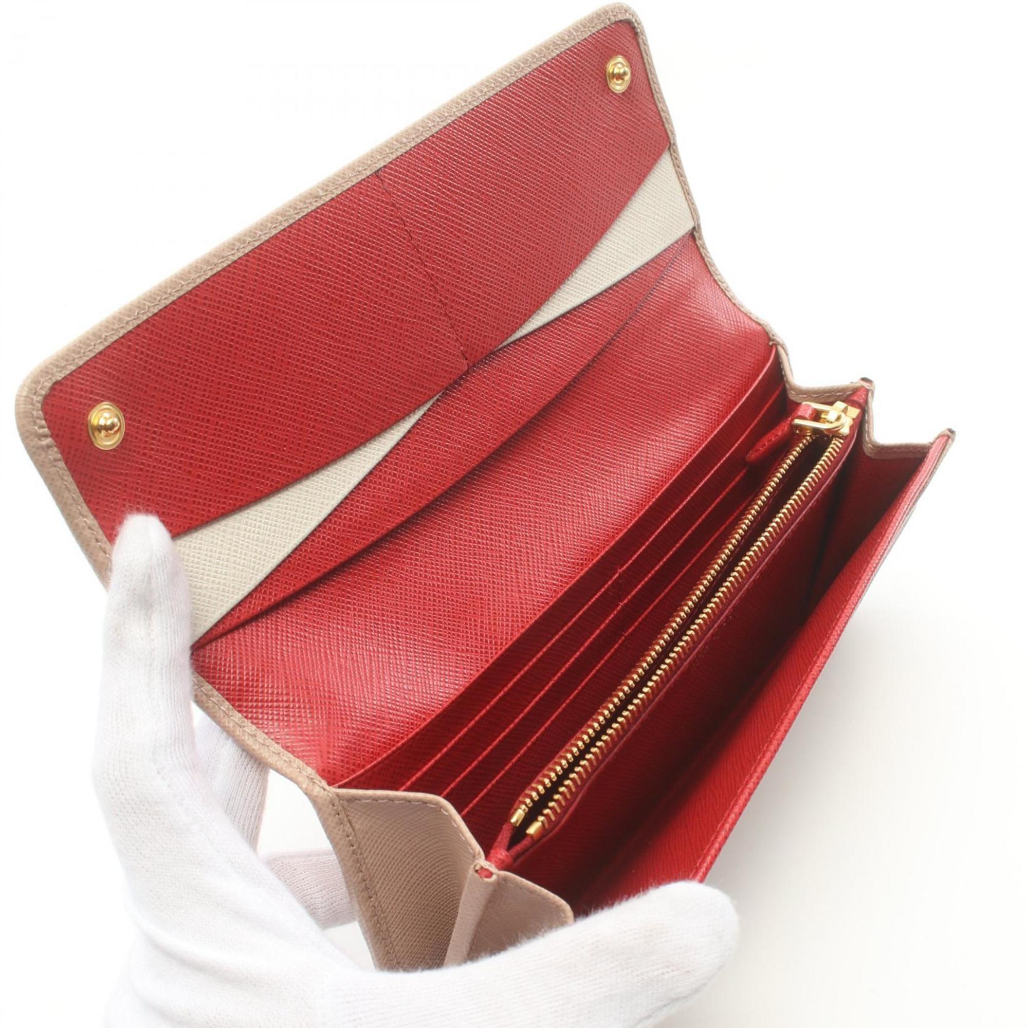 PRADA SAFFIANO MULTIC Bi-fold Long Wallet Saffiano Leather Women's Beige Red 1MH132