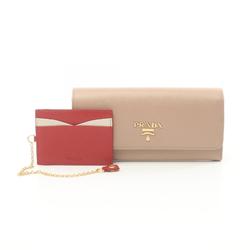 PRADA SAFFIANO MULTIC Bi-fold Long Wallet Saffiano Leather Women's Beige Red 1MH132