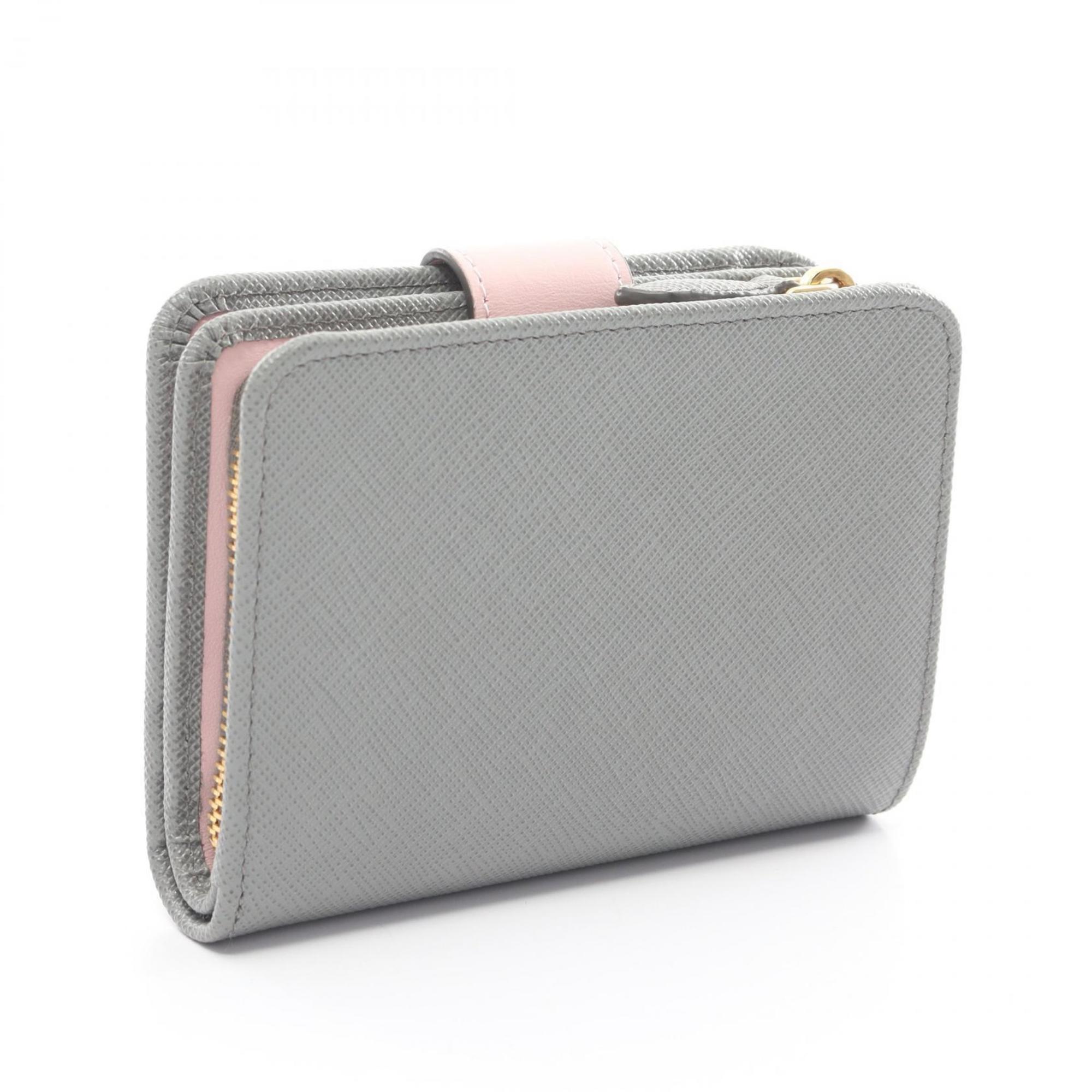 PRADA Bi-fold Wallet Saffiano Leather Women's Grey Pink 1ML018