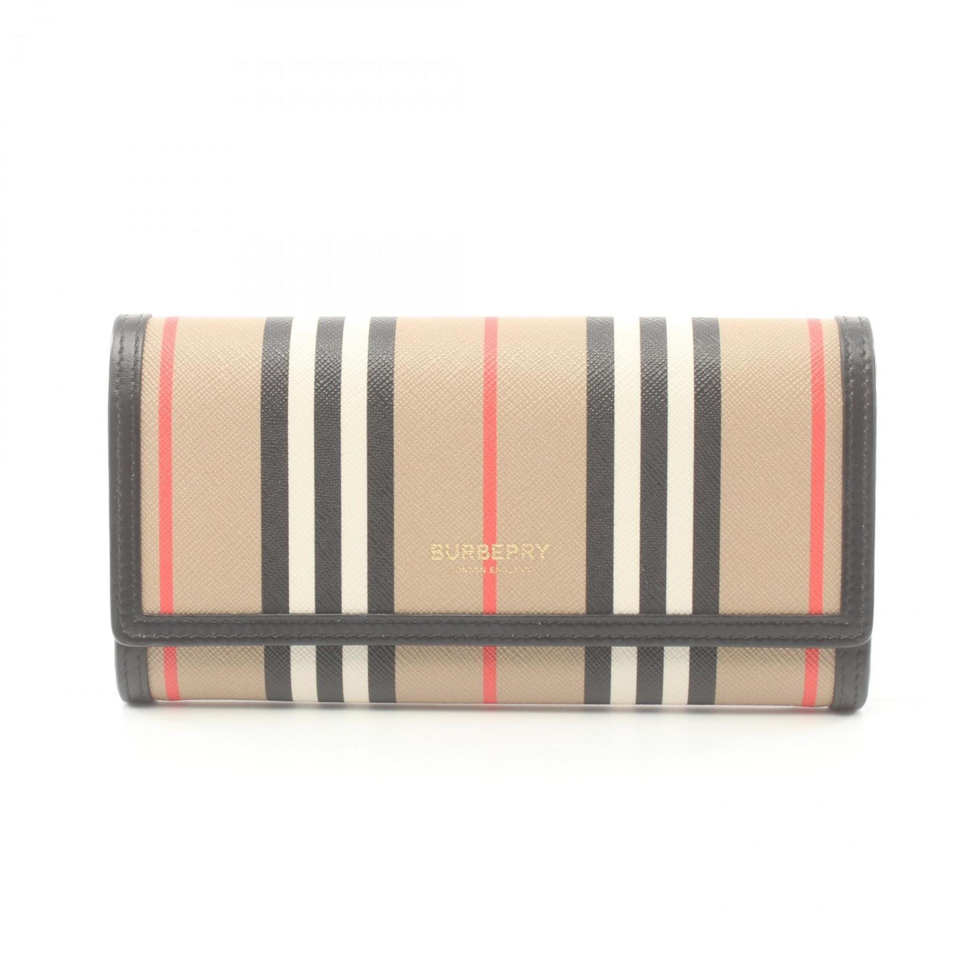 Burberry Icon Stripe E-Canvas Bi-Fold Long Wallet Coated Canvas Leather Men's Women's Beige Multicolor 8030447