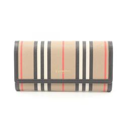 Burberry Icon Stripe E-Canvas Bi-Fold Long Wallet Coated Canvas Leather Men's Women's Beige Multicolor 8030447