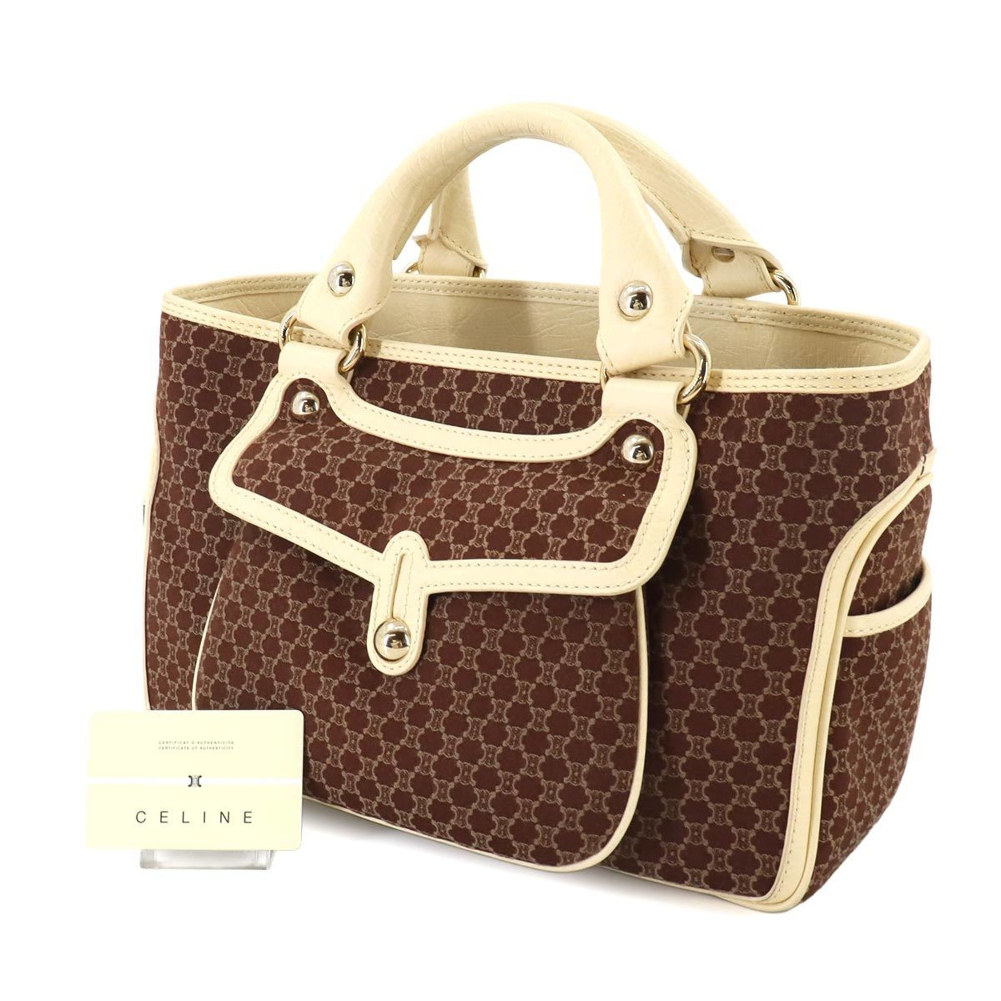 CELINE Macadam pattern handbag canvas leather brown light beige gold hardware Hand Bag