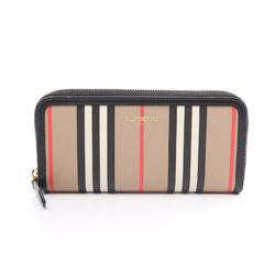 Burberry Icon Stripe Round Long Wallet Coated Canvas Women's Beige Multicolor 8027