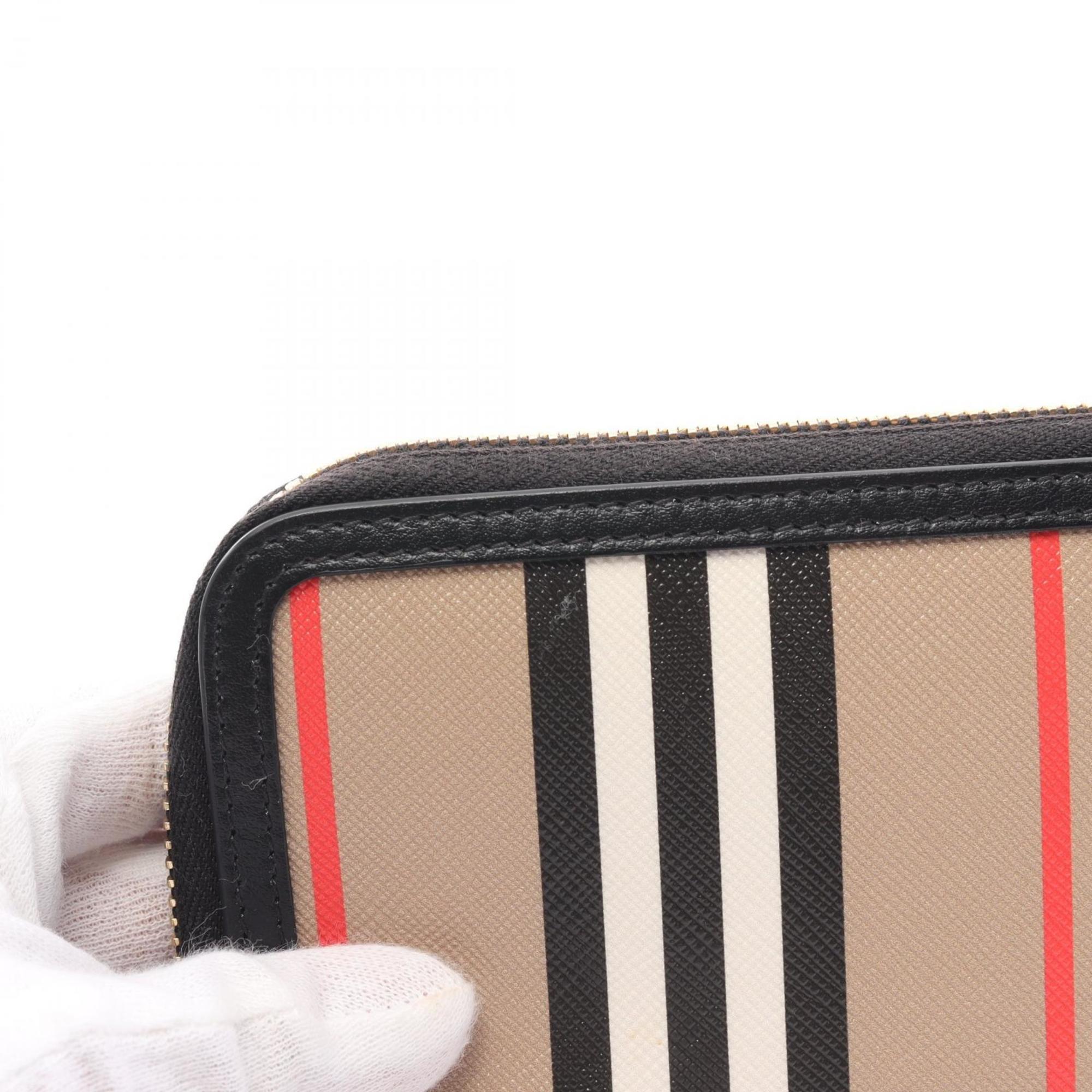 Burberry Icon Stripe Round Long Wallet Coated Canvas Women's Beige Multicolor 8027