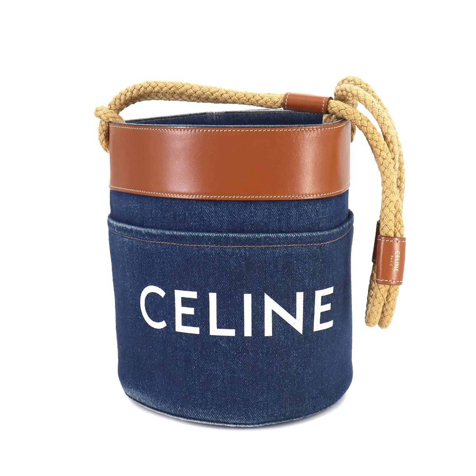 CELINE Bucket Shoulder Bag Denim Leather Blue Brown Gold Hardware 196272