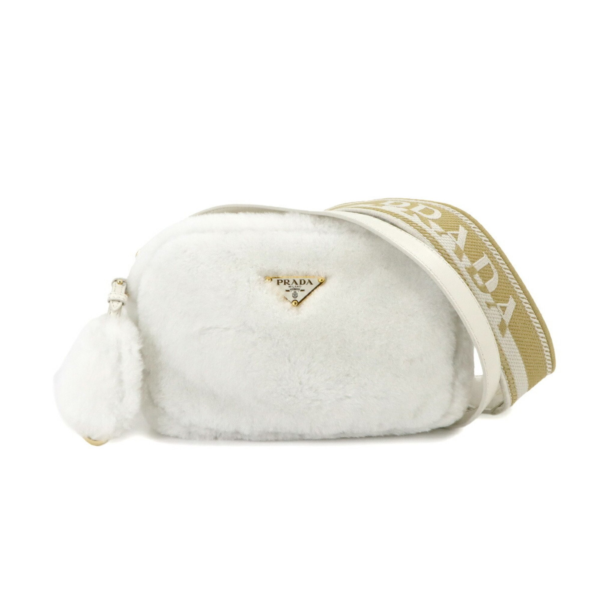 PRADA Shoulder Bag Shearling White 1BH192 Gold Hardware