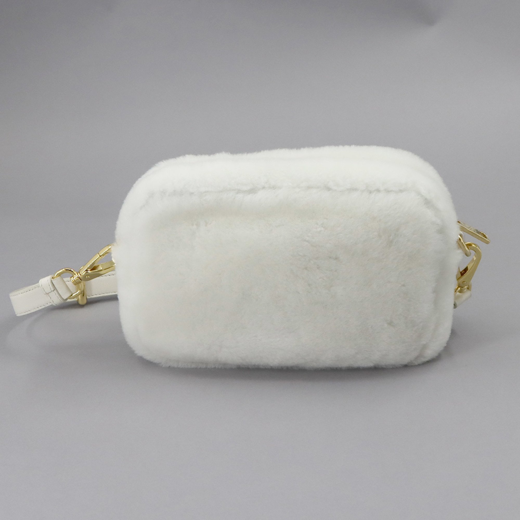 PRADA Shoulder Bag Shearling White 1BH192 Gold Hardware