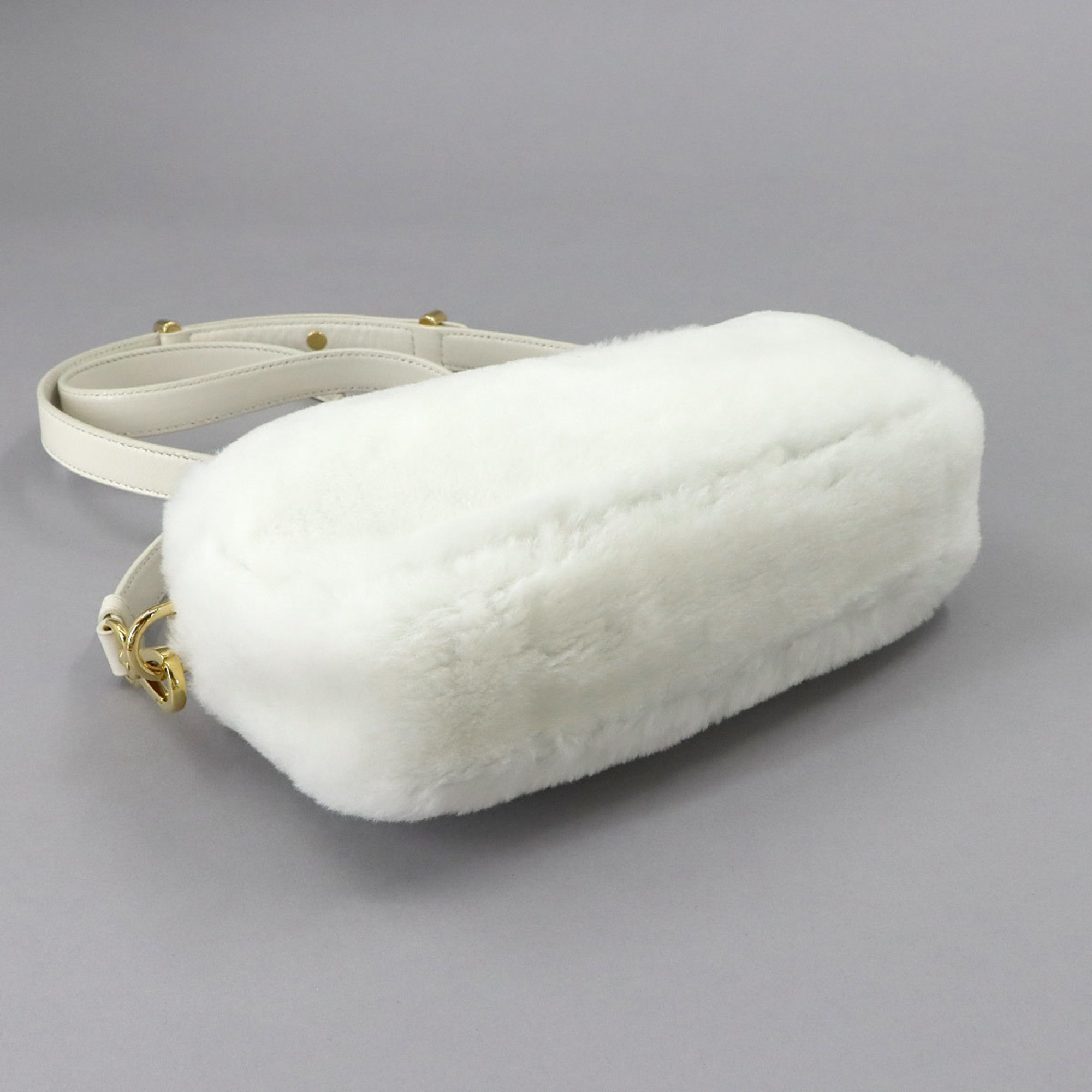 PRADA Shoulder Bag Shearling White 1BH192 Gold Hardware