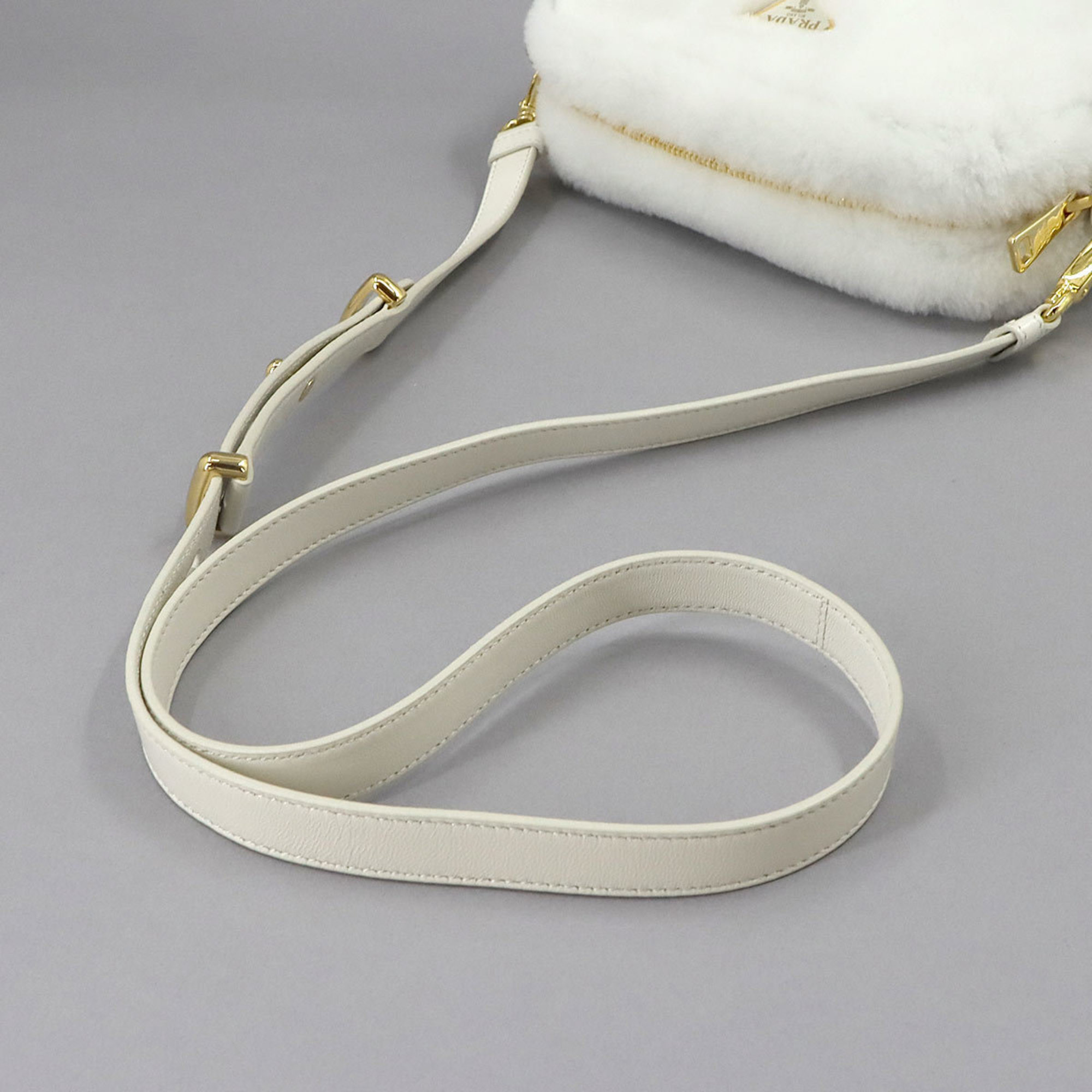 PRADA Shoulder Bag Shearling White 1BH192 Gold Hardware