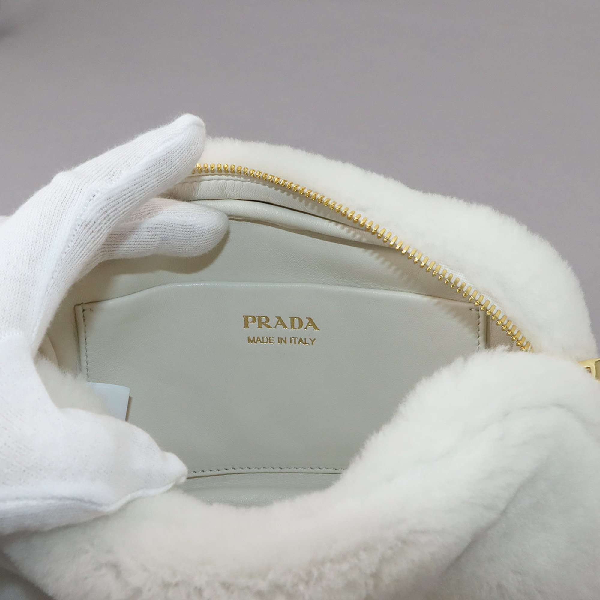 PRADA Shoulder Bag Shearling White 1BH192 Gold Hardware