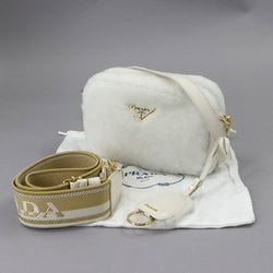 PRADA Shoulder Bag Shearling White 1BH192 Gold Hardware