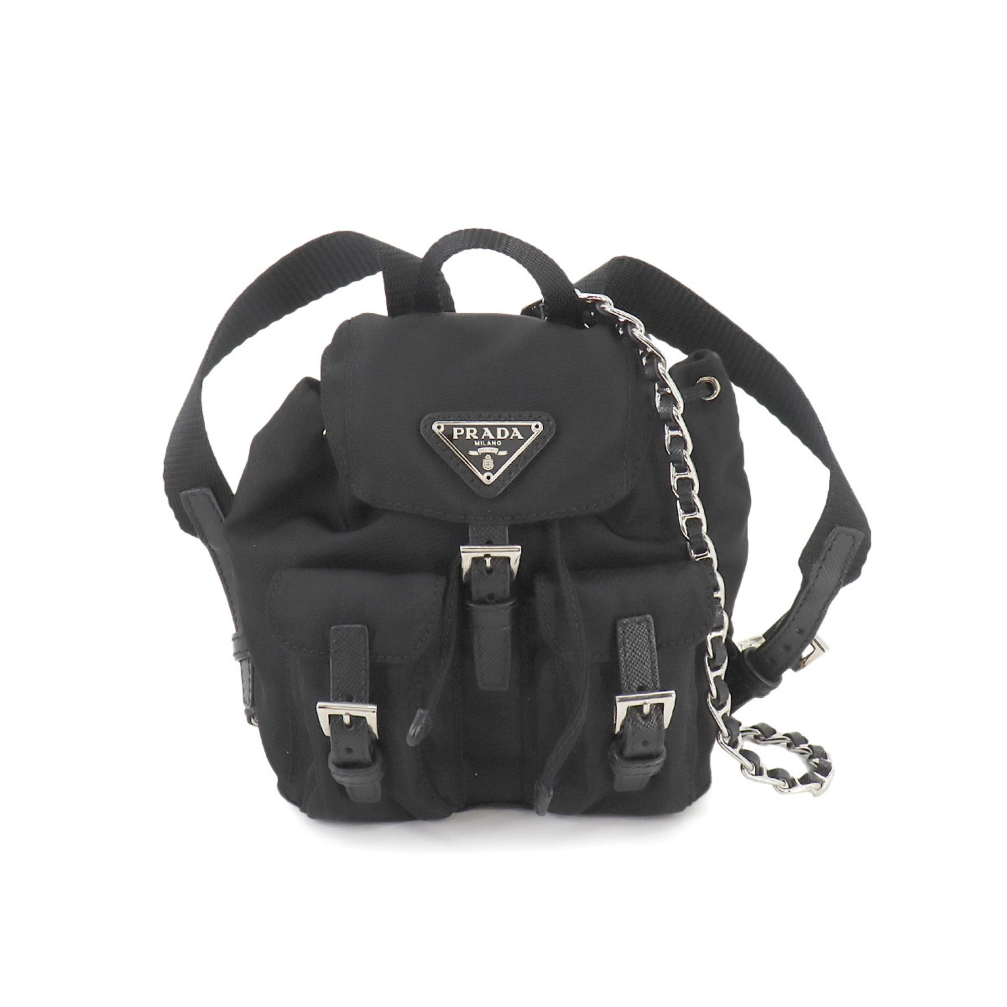 PRADA Backpack-style chain shoulder bag, nylon, leather, nero, silver hardware, BZ0029 Chain Shoulder Bag