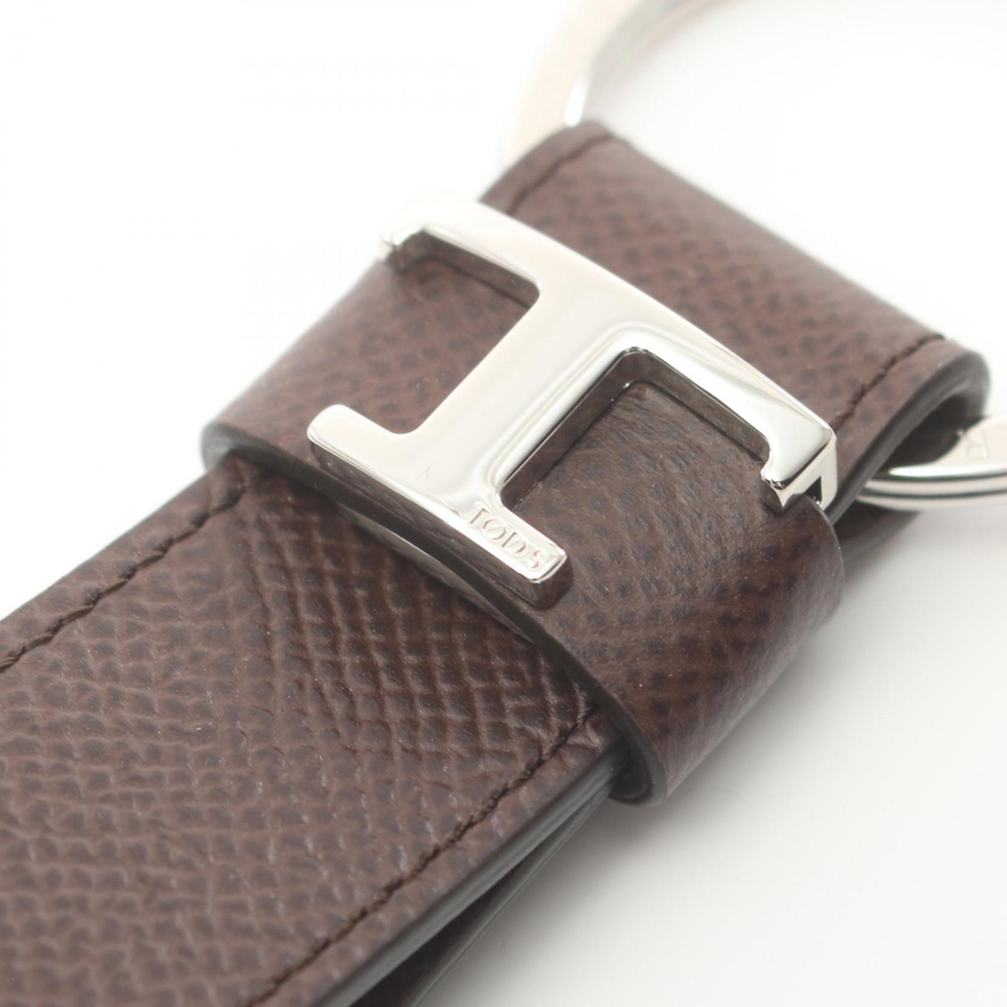 Tod's T Keychain Leather Metal Men's Brown Silver XAMTSIGA200F3KS804