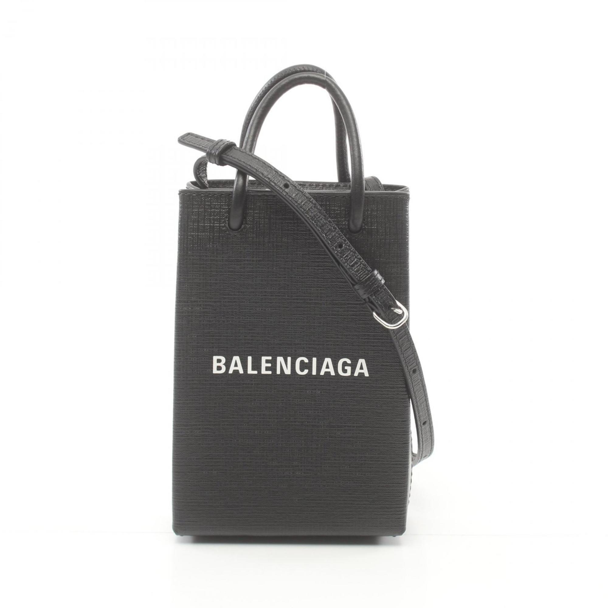 BALENCIAGA SHOPPING PHONE HOLDER Phone Folder Shoulder Bag Leather Women's Black 593826