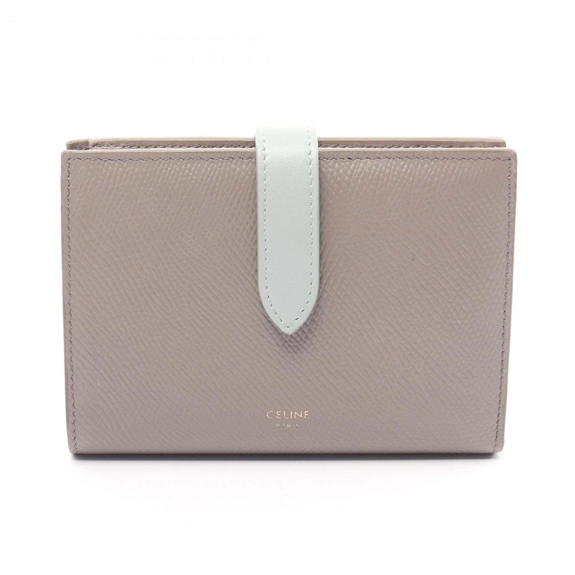 CELINE Medium Strap Wallet Bi-fold Leather Women's Beige Blue