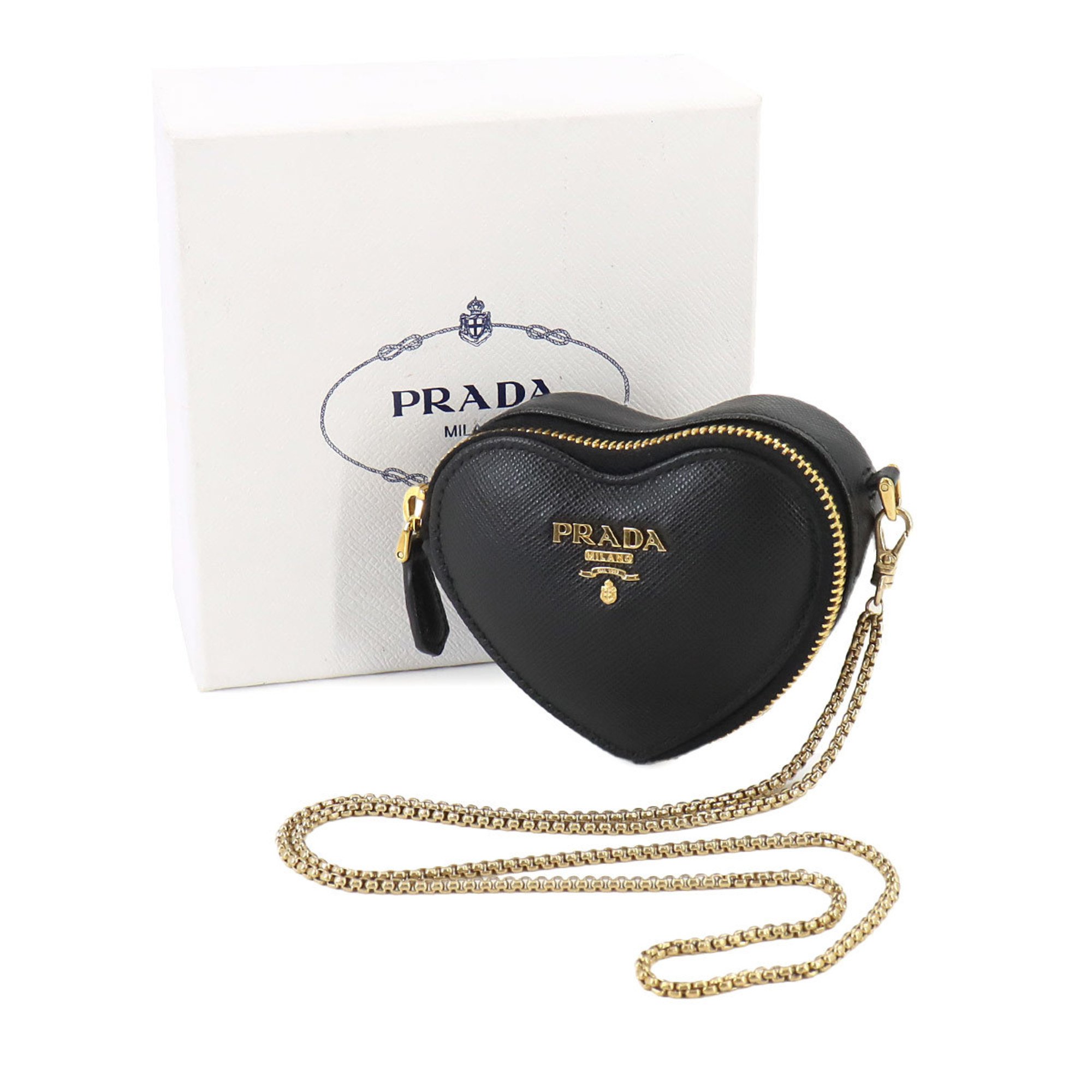 PRADA Saffiano Heart Chain Pouch Leather Black with Strap 1TL400