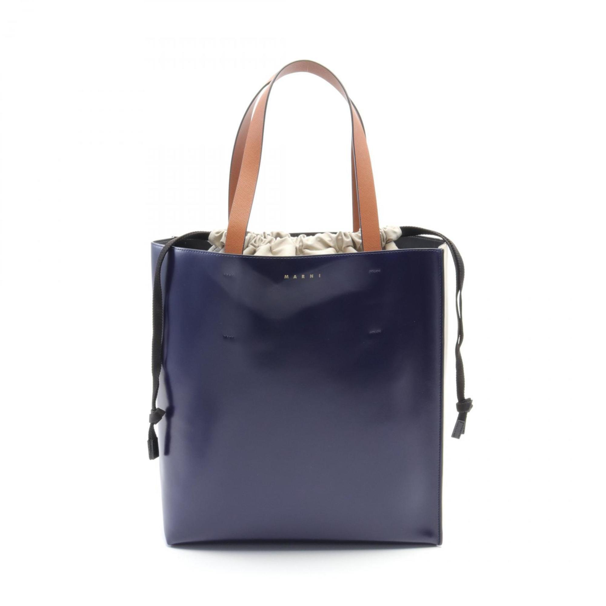 MARNI MUSEO Museo Tote Bag Leather Women's Navy Ivory Brown