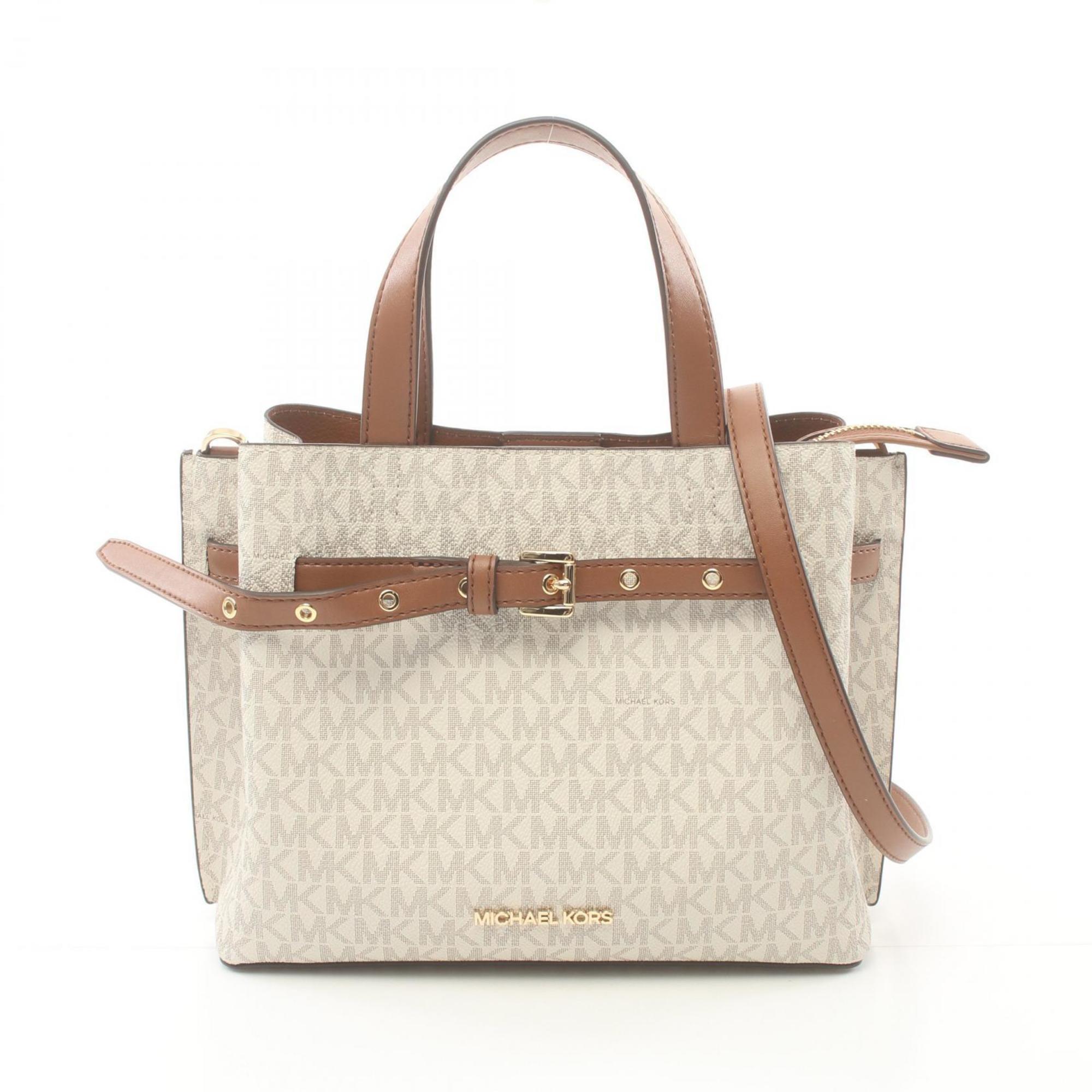 Michael Kors EMILIA Satchel Small MK Signature Handbag Bag Coated Canvas Leather Women's White Brown 35H0GU5S1B