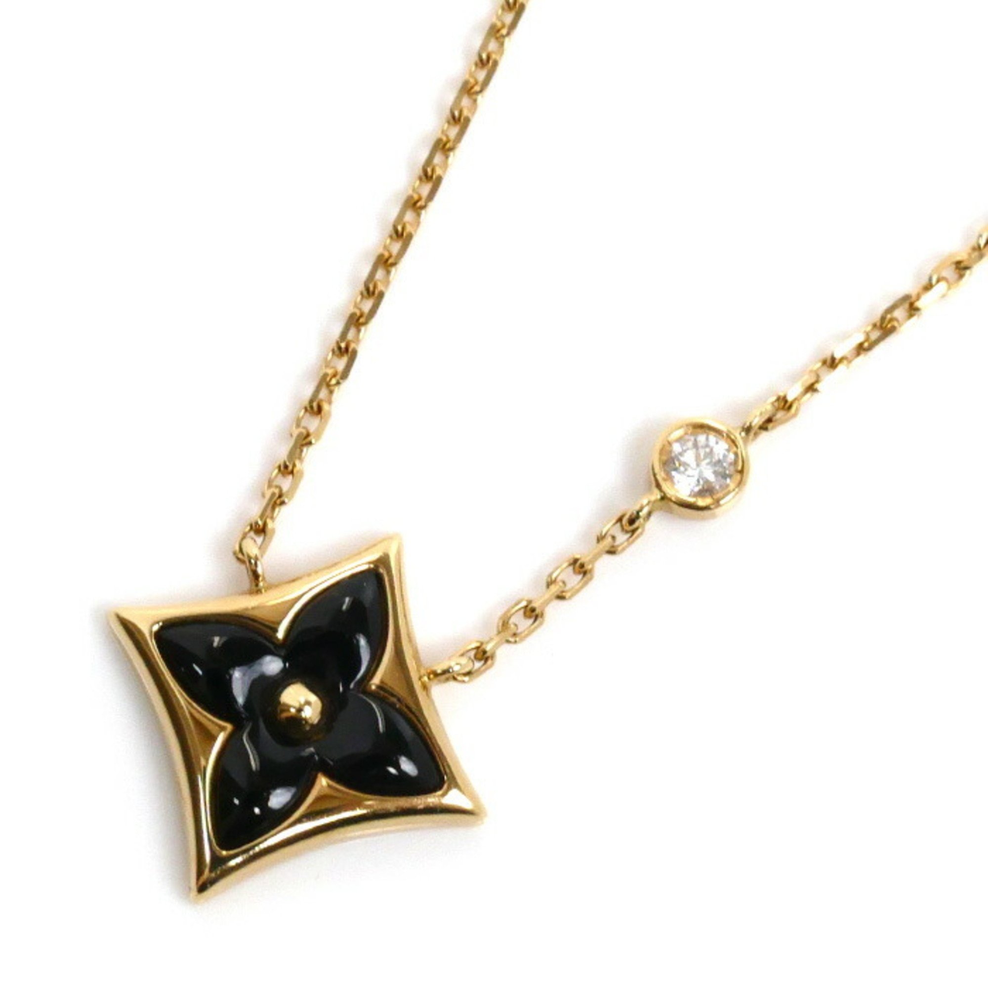 LOUIS VUITTON K18YG Yellow Gold Pendant Star Blossom BB Necklace Q93699 Diamond Onyx 3.8g 41cm Women's