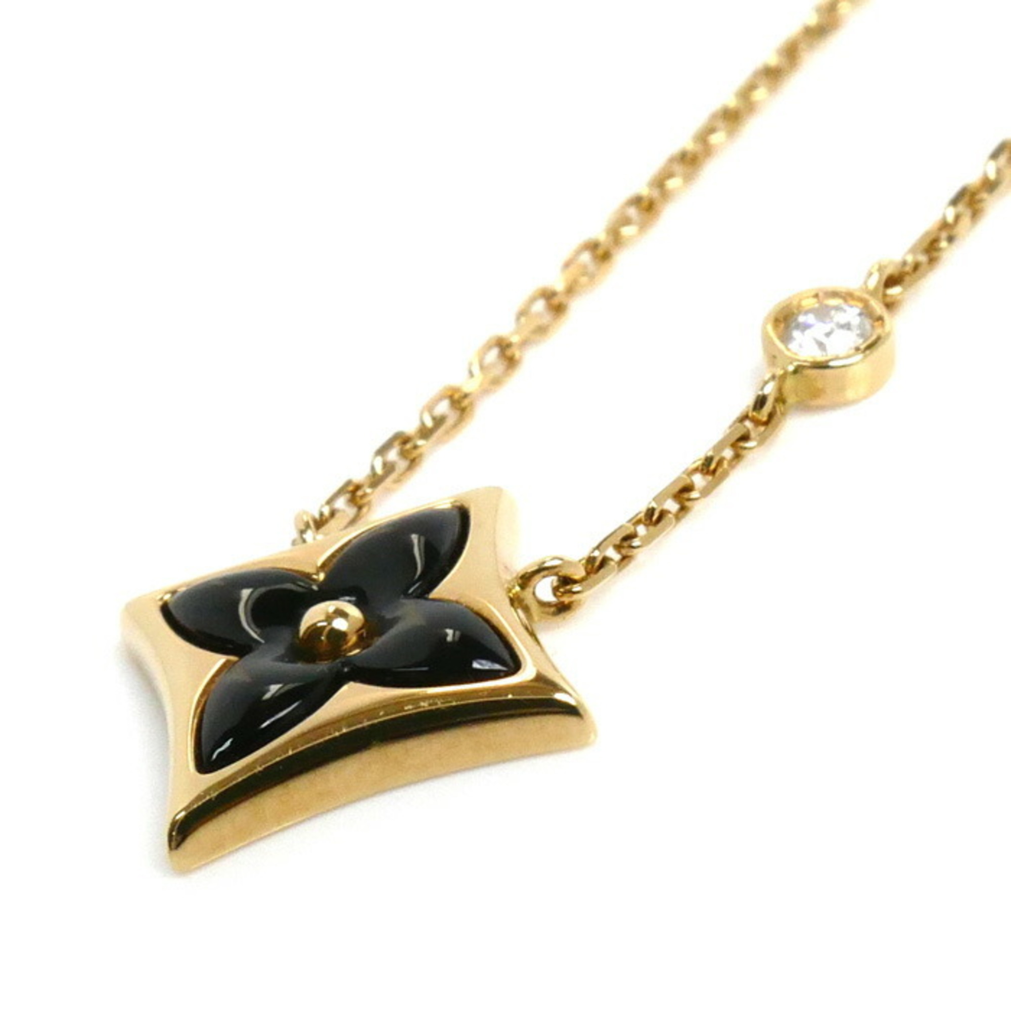 LOUIS VUITTON K18YG Yellow Gold Pendant Star Blossom BB Necklace Q93699 Diamond Onyx 3.8g 41cm Women's