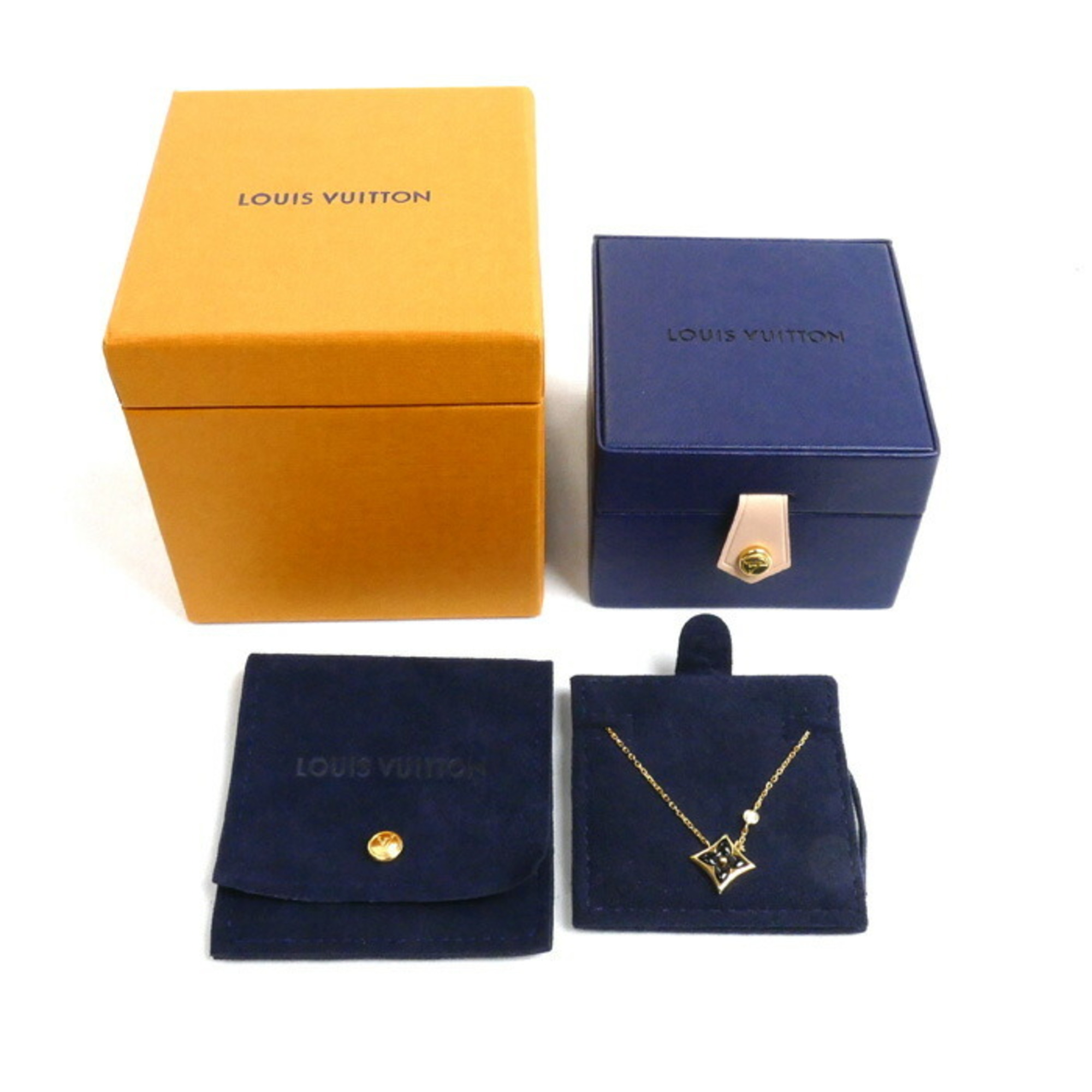 LOUIS VUITTON K18YG Yellow Gold Pendant Star Blossom BB Necklace Q93699 Diamond Onyx 3.8g 41cm Women's