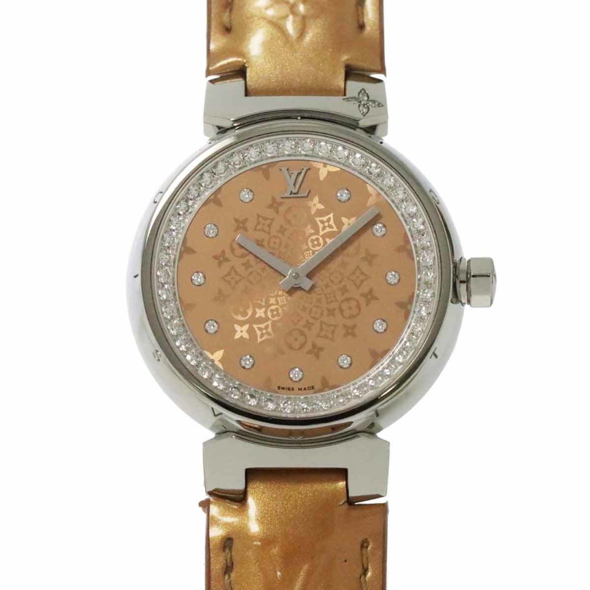 Louis Vuitton Tambour Monogram Q13MS Ladies Watch Inner Diamond Bezel 11P Beige Quartz