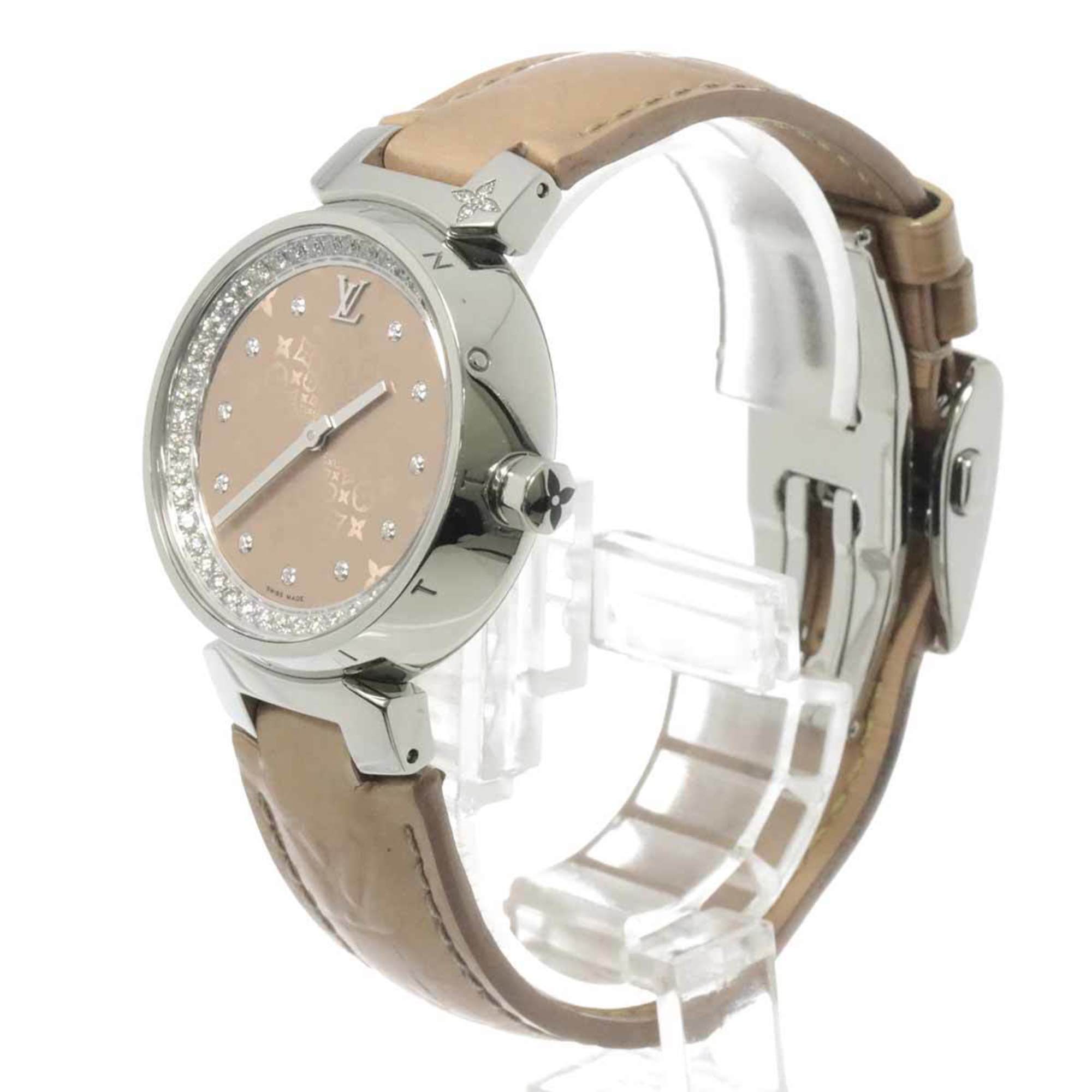 Louis Vuitton Tambour Monogram Q13MS Ladies Watch Inner Diamond Bezel 11P Beige Quartz