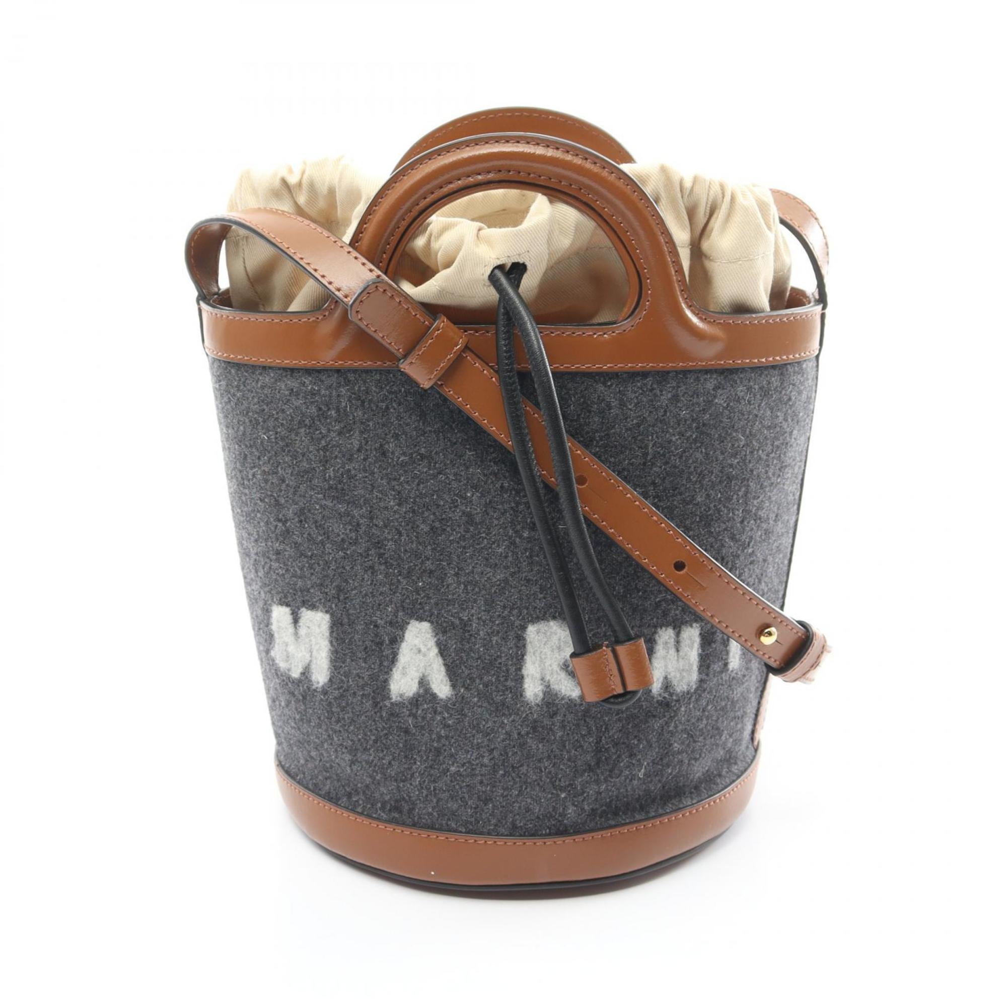 MARNI TROPICALIA bucket bag, handbag, leather, felt, women's, gray, brown