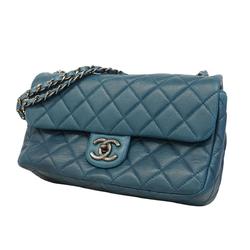 Chanel Shoulder Bag Matelasse W Flap Chain Leather Blue Women's